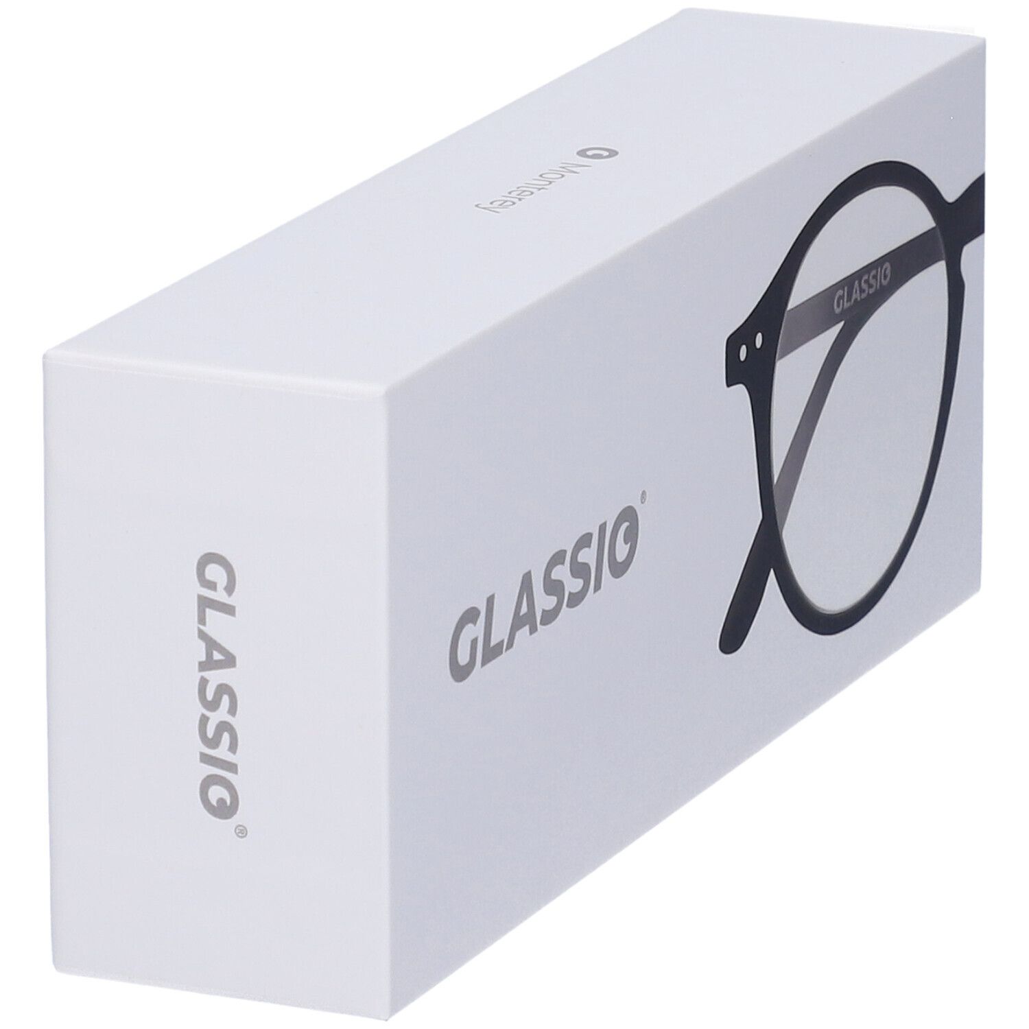 Confezione bianca con logo 'GLASSio' e illustrazione di occhiali. Gli occhiali sono neri.