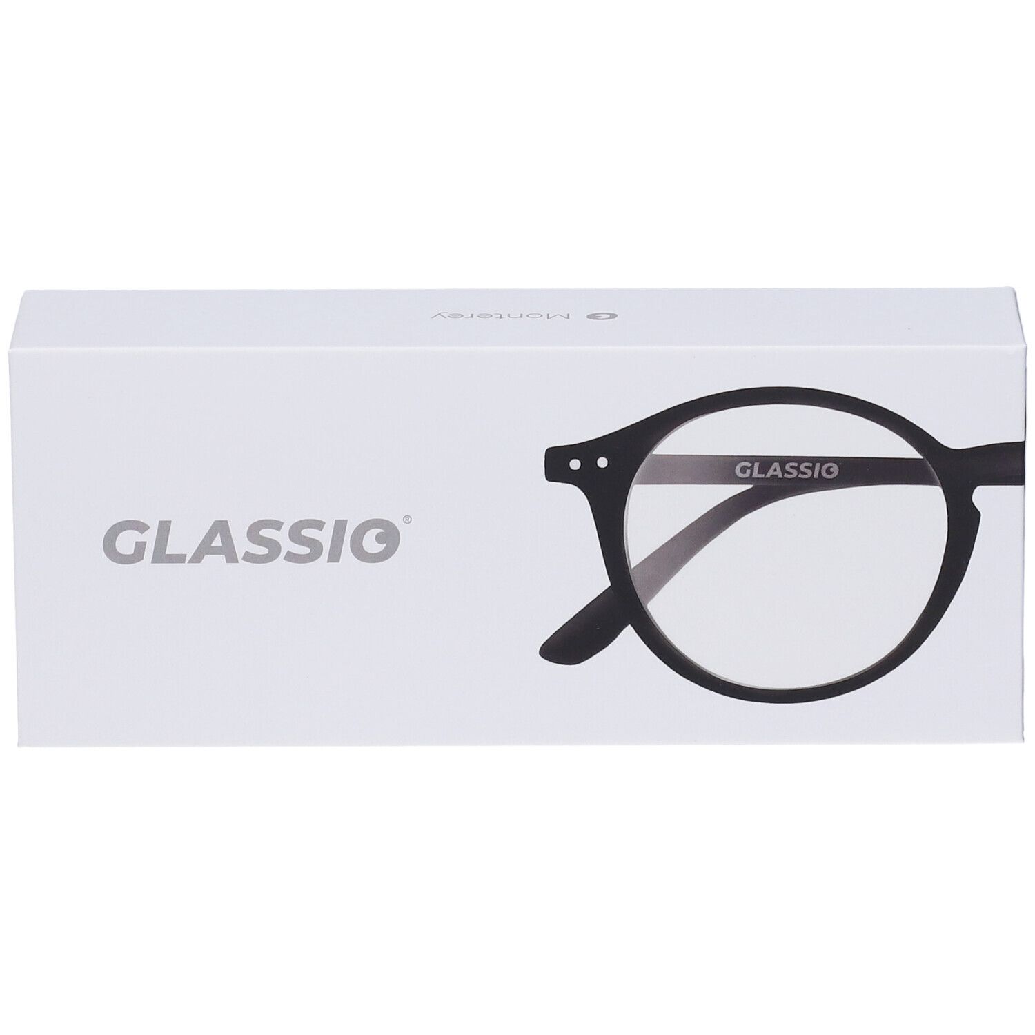 Confezione bianca con logo 'GLASSio' e illustrazione di occhiali. Occhiali neri con scritta 'GLASSio'.