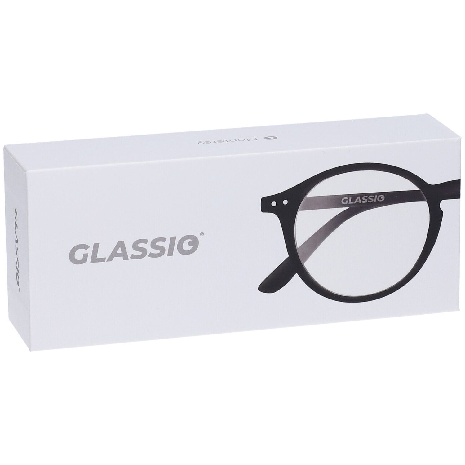 Confezione bianca con logo 'GLASSio' e illustrazione di occhiali. Occhiali neri con scritta 'GLASSio'.