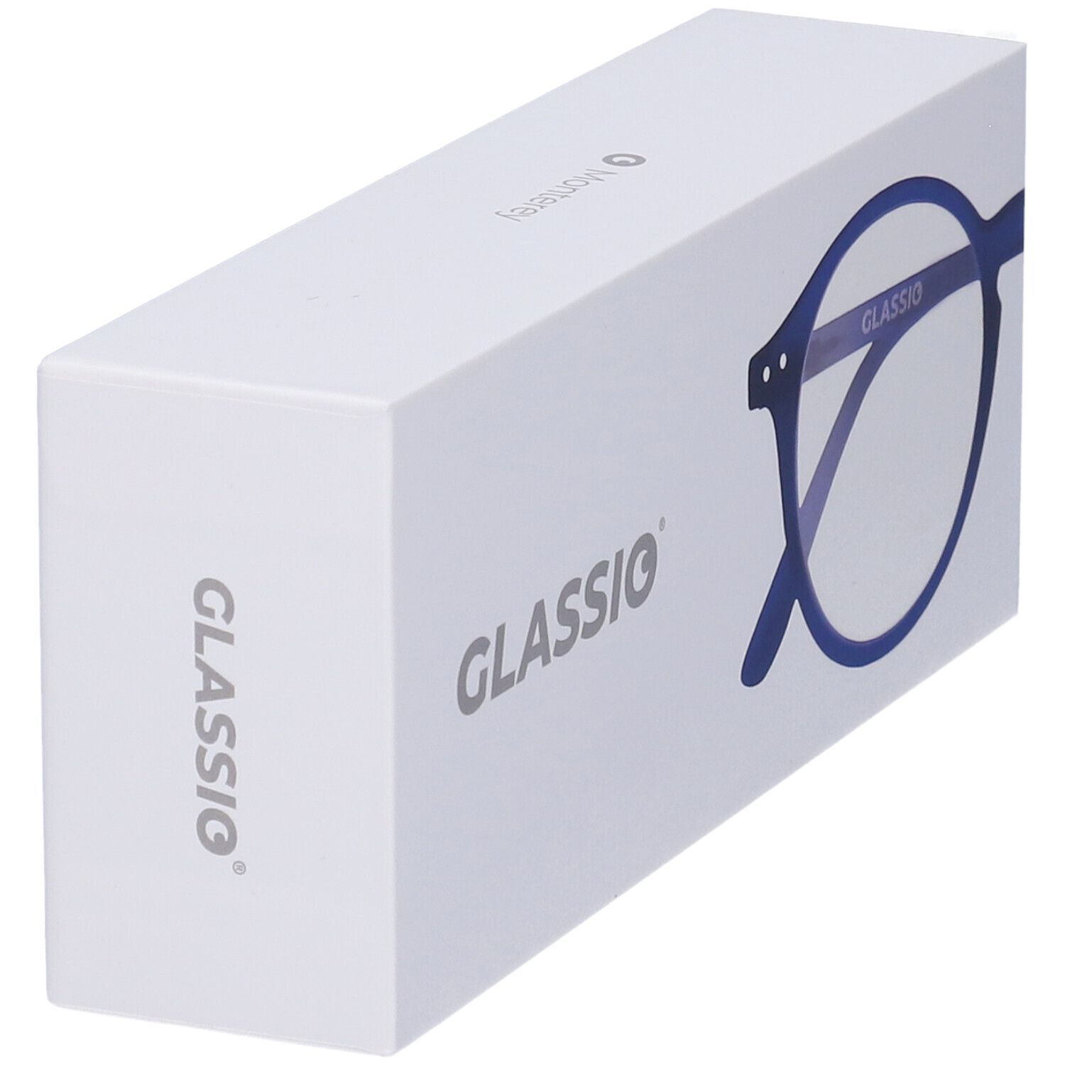 Confezione bianca con logo Glassio e immagine degli occhiali. Occhiali blu scuro. Vista angolata.