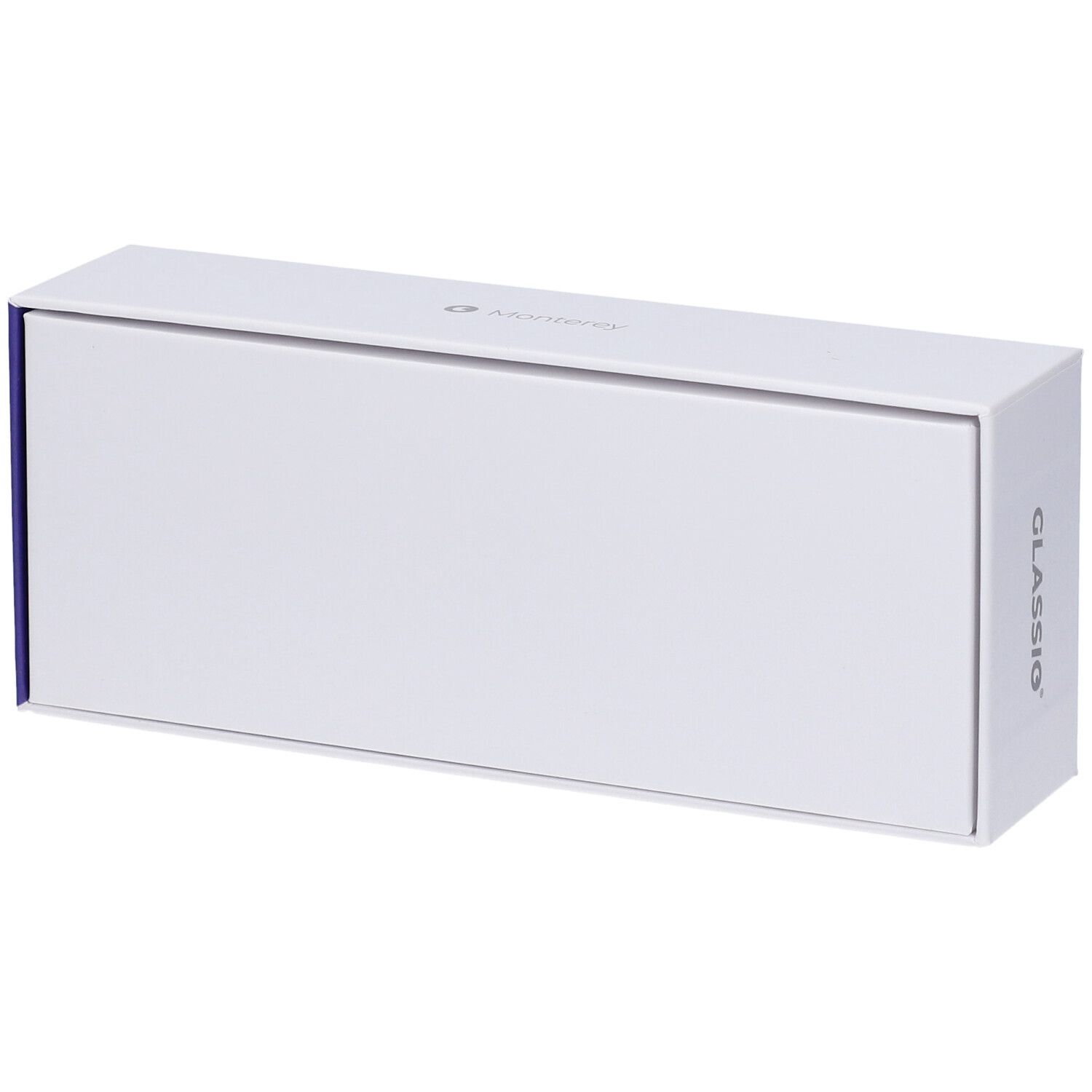 Confezione rettangolare bianca. Logo Glassio sul lato. Coperchio con scritta Monterey.