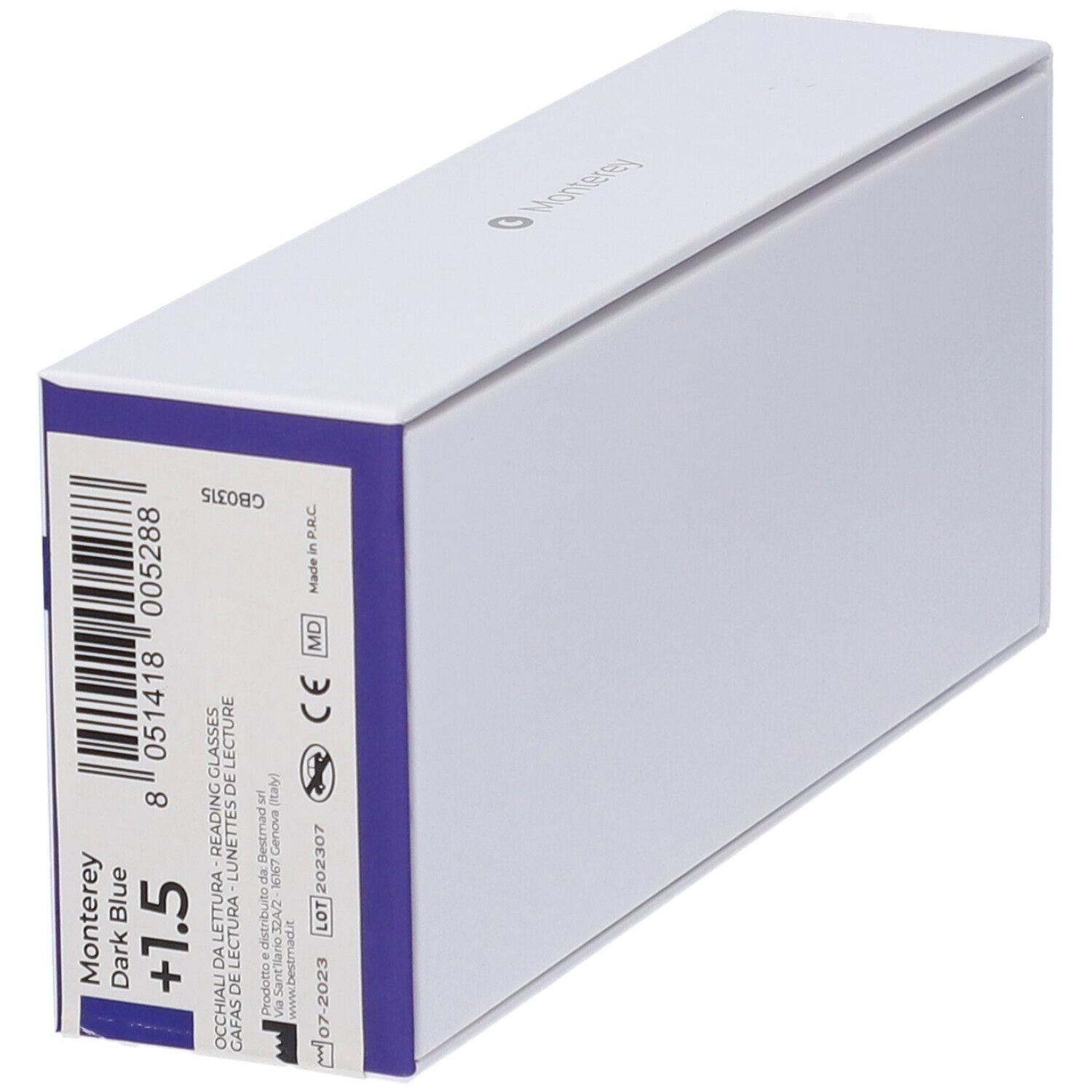 Confezione bianca con informazioni sul prodotto. Scritta Monterey Dark Blue +1,5. Codice a barre e certificazioni.