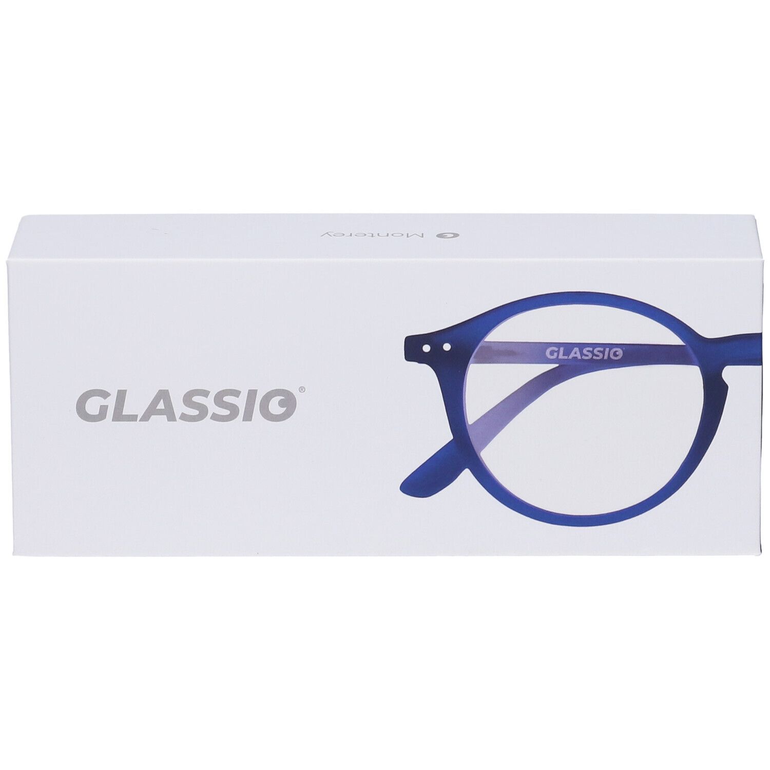 Confezione bianca con logo Glassio e immagine degli occhiali. Occhiali blu scuro. Gradazione +1,5.