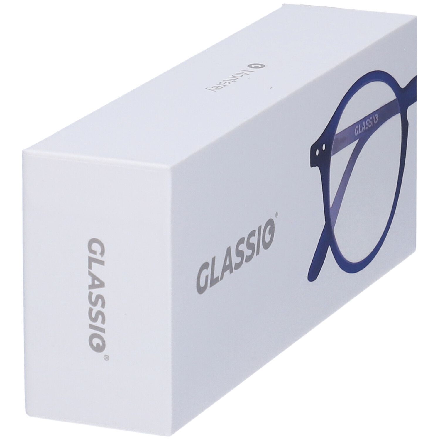 Confezione bianca con logo GLASSIO e contorno occhiali blu.