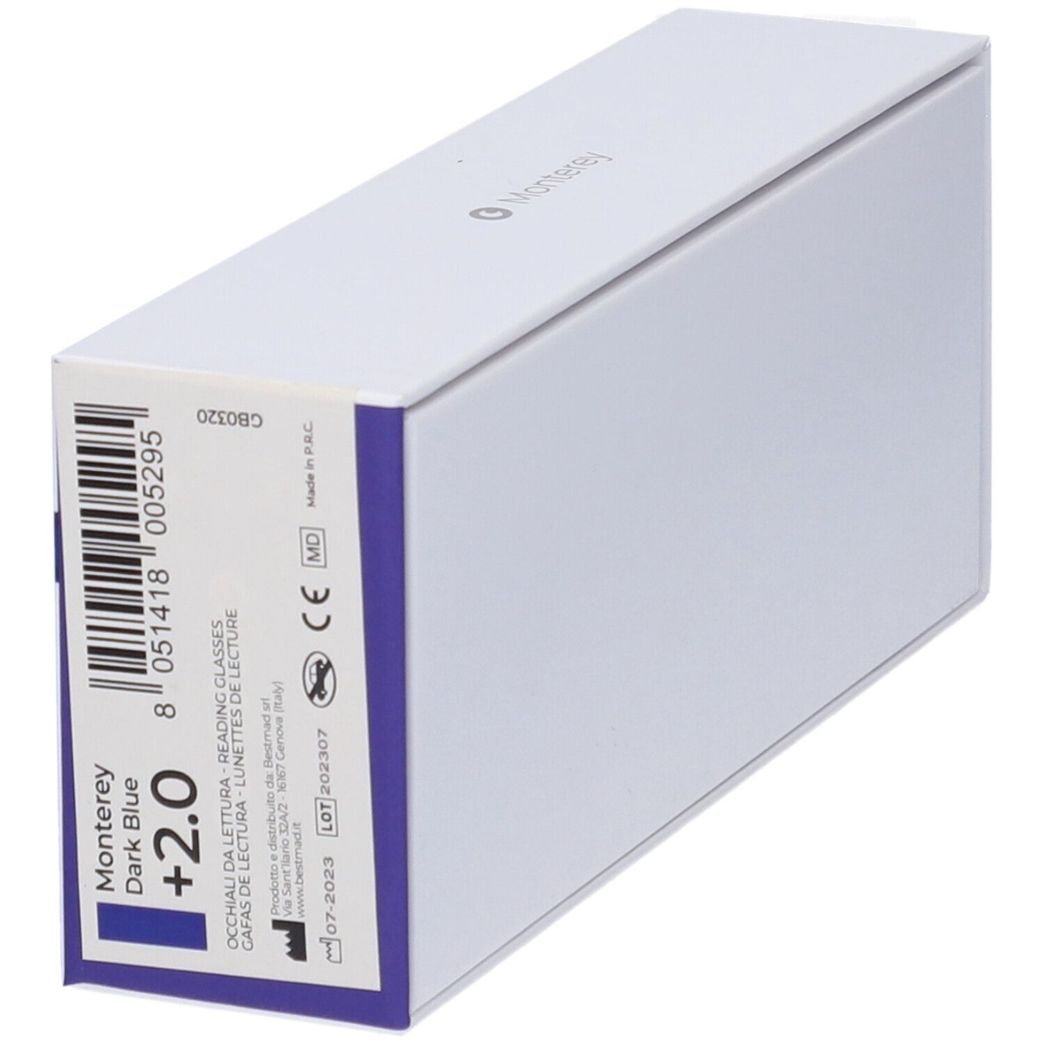 Confezione bianca con informazioni prodotto e codice a barre. Scritta Monterey Dark Blue +2.0.