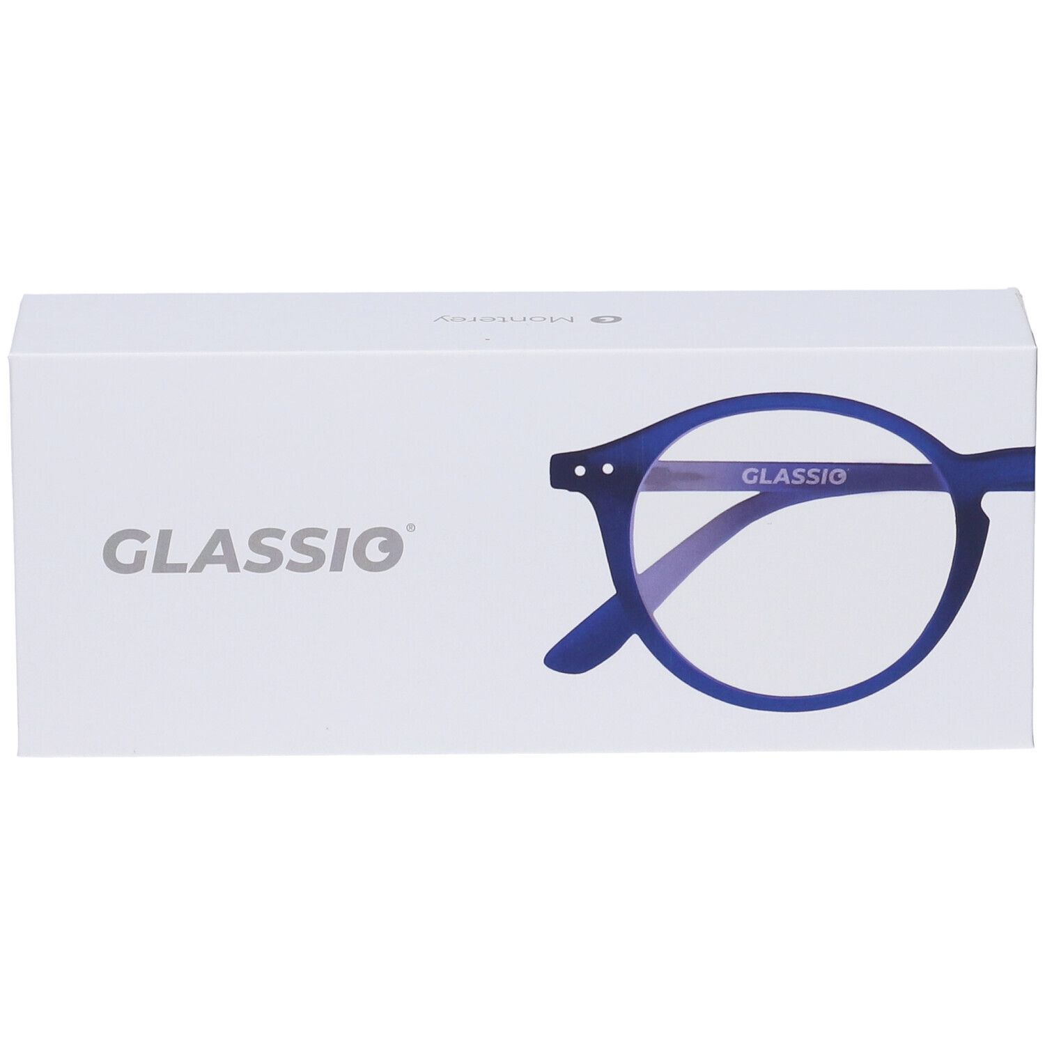 Confezione bianca con contorno occhiali blu. Scritta GLASSIO.
