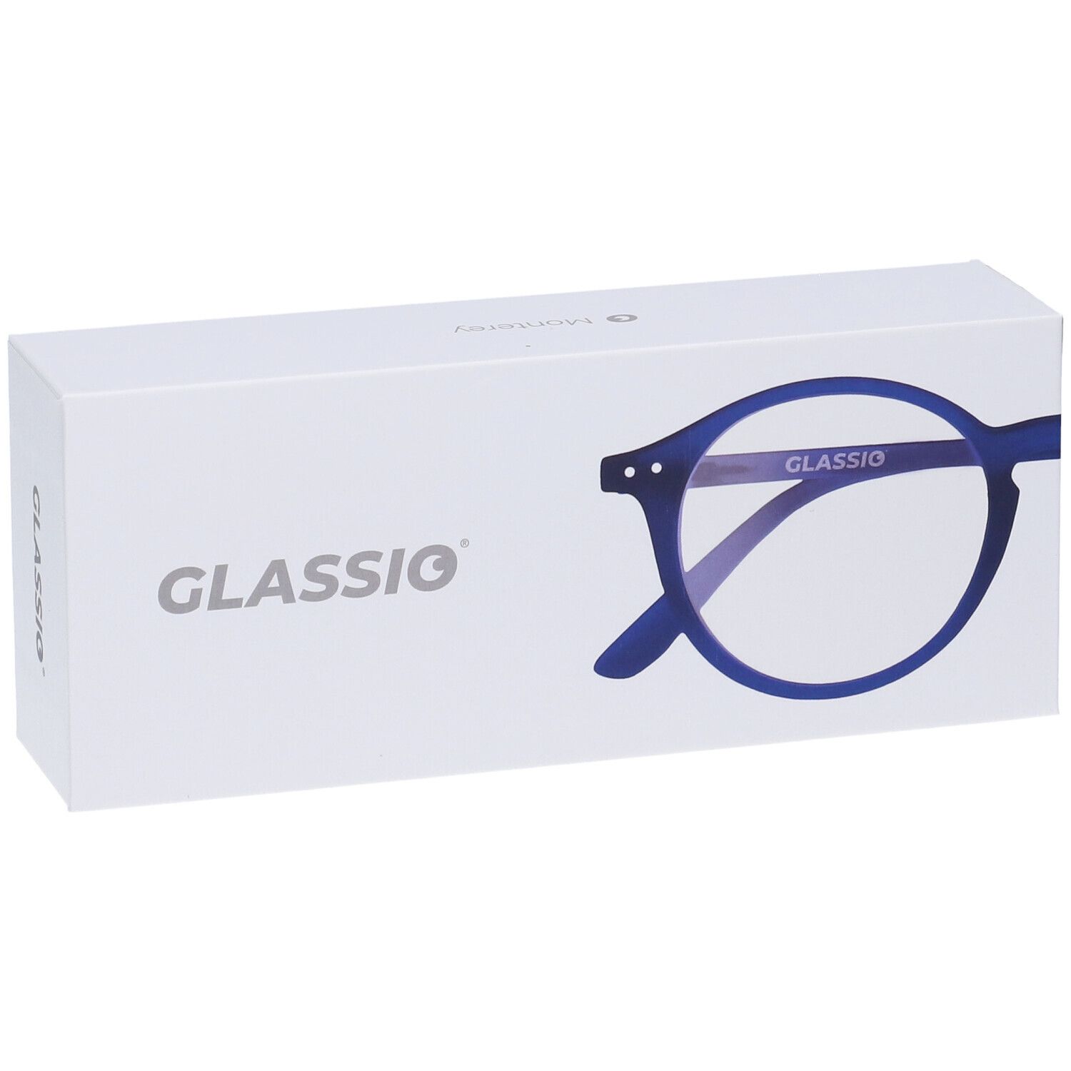 Confezione bianca con contorno occhiali blu. Scritta GLASSIO.