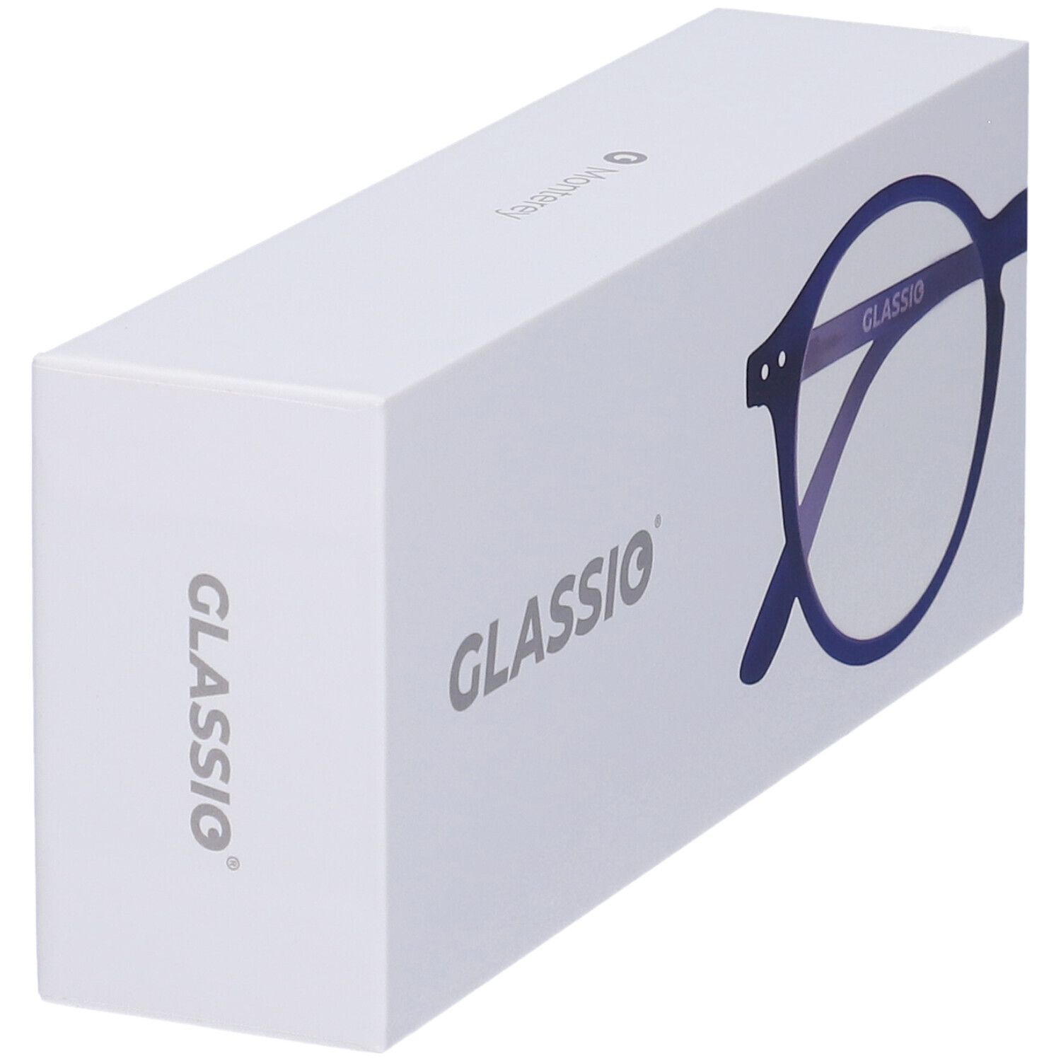 Scatola bianca con logo Glassio e contorno occhiali blu. Sul lato: logo Glassio.