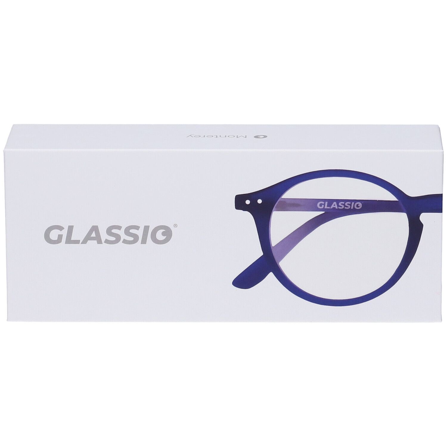 Scatola bianca con logo Glassio e contorno occhiali blu. Sul lato: Glassio.