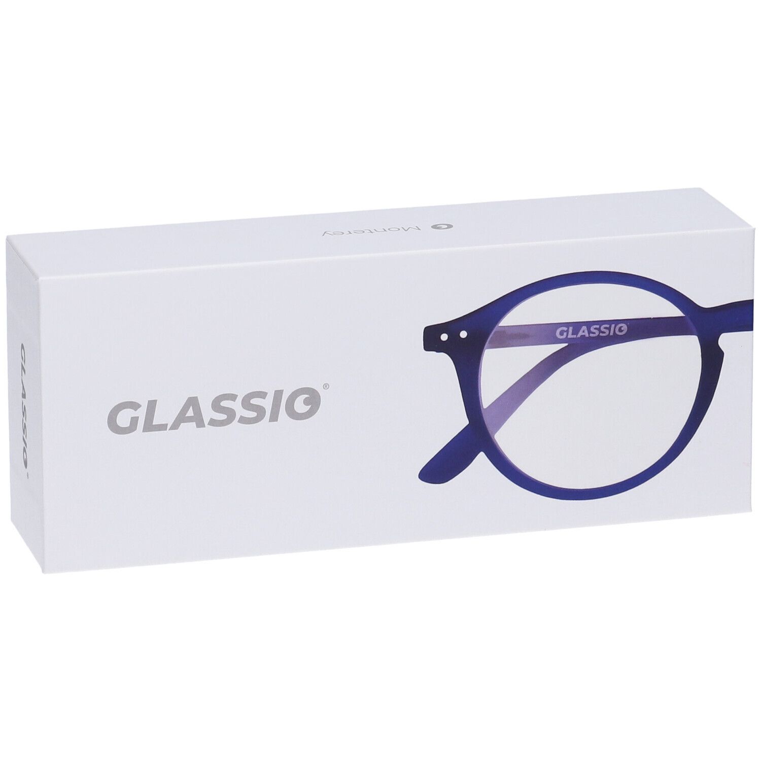 Scatola bianca con logo Glassio e contorno occhiali blu. Sul lato: Glassio.