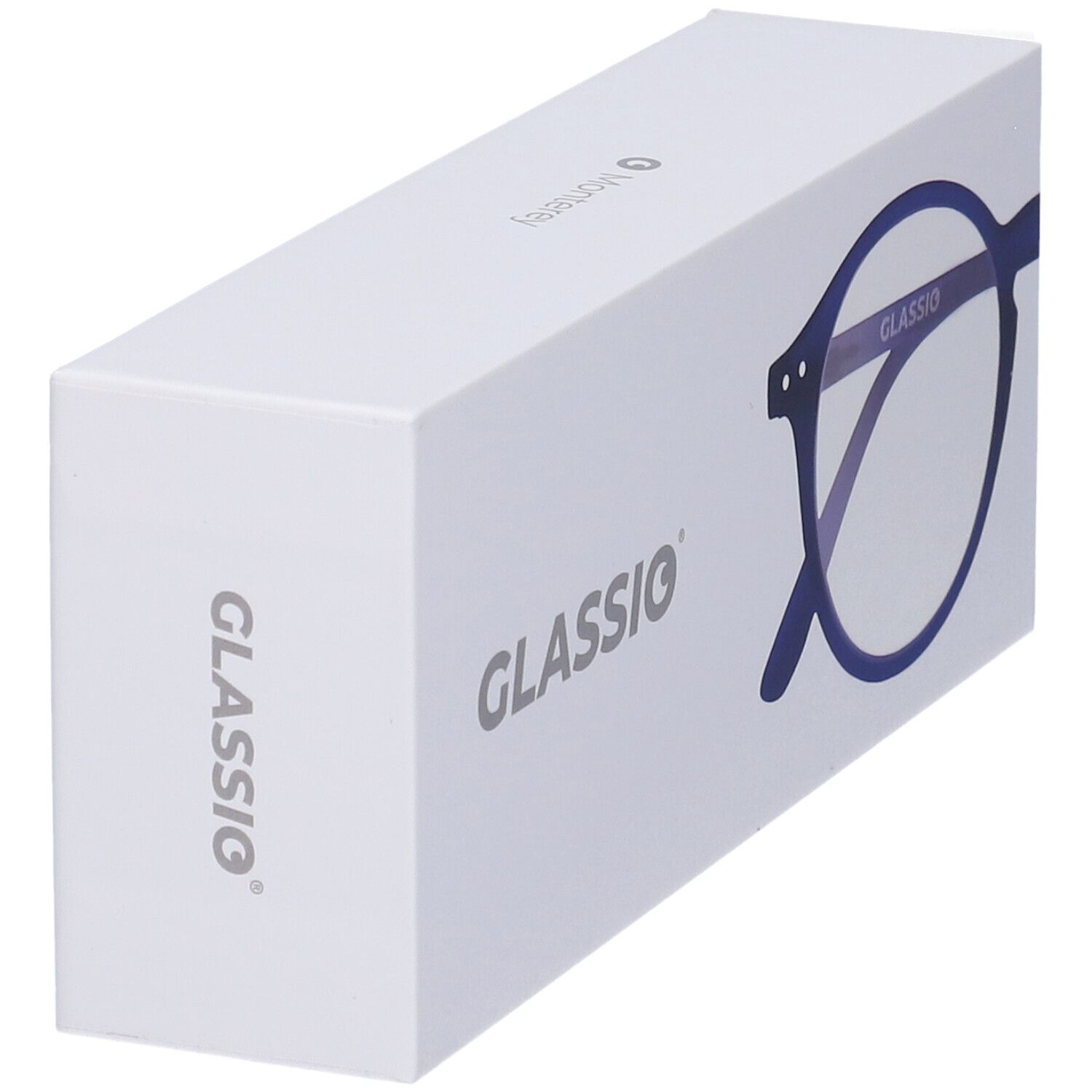 Confezione bianca con contorno occhiali blu e scritta GLASSIO. Sul lato: GLASSIO.