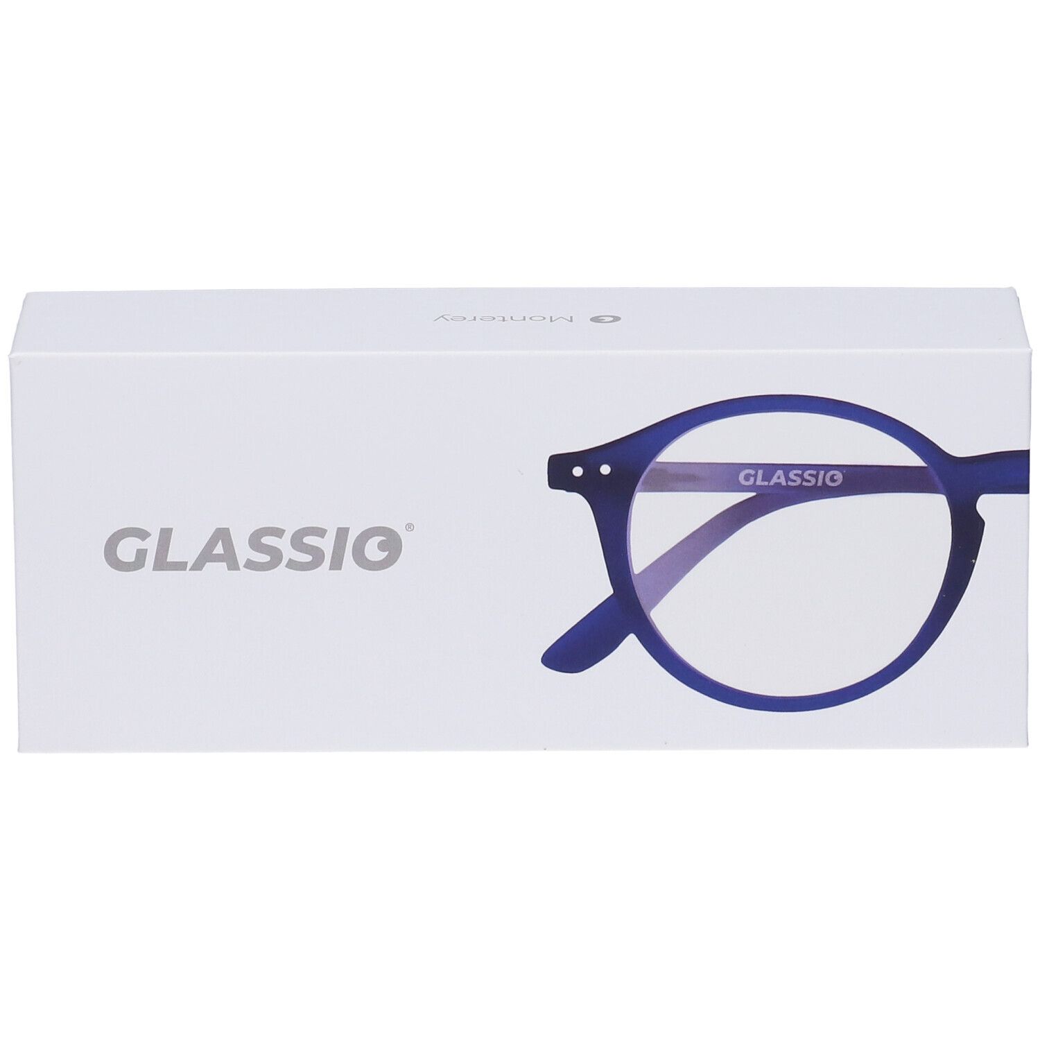 Confezione bianca con contorno occhiali blu e scritta GLASSIO. Stampato: GLASSIO.