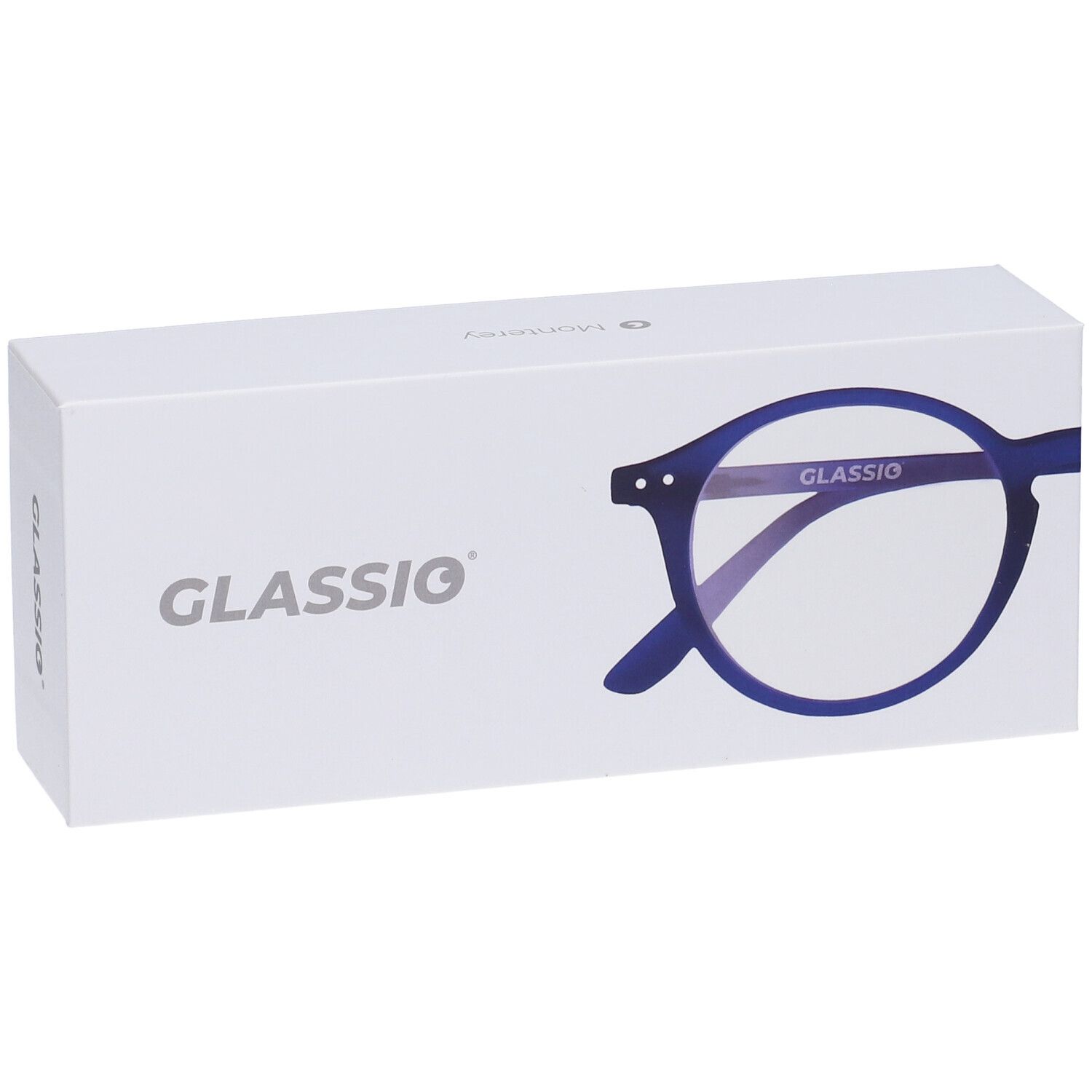 Confezione bianca con contorno occhiali blu e scritta GLASSIO. Stampato: GLASSIO.