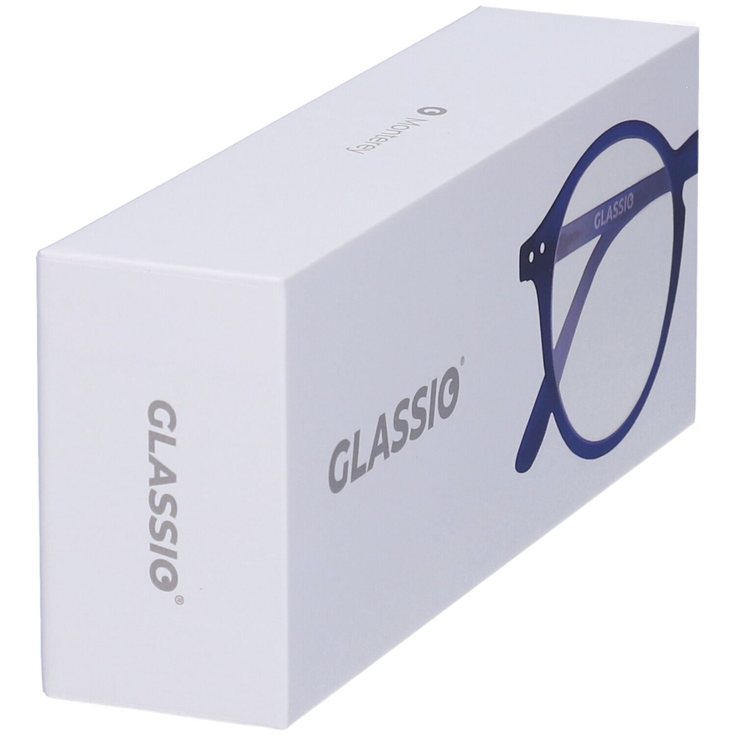Astuccio per occhiali, logo GLASSIO. Illustrazione di occhiali blu. Scritta GLASSIO.