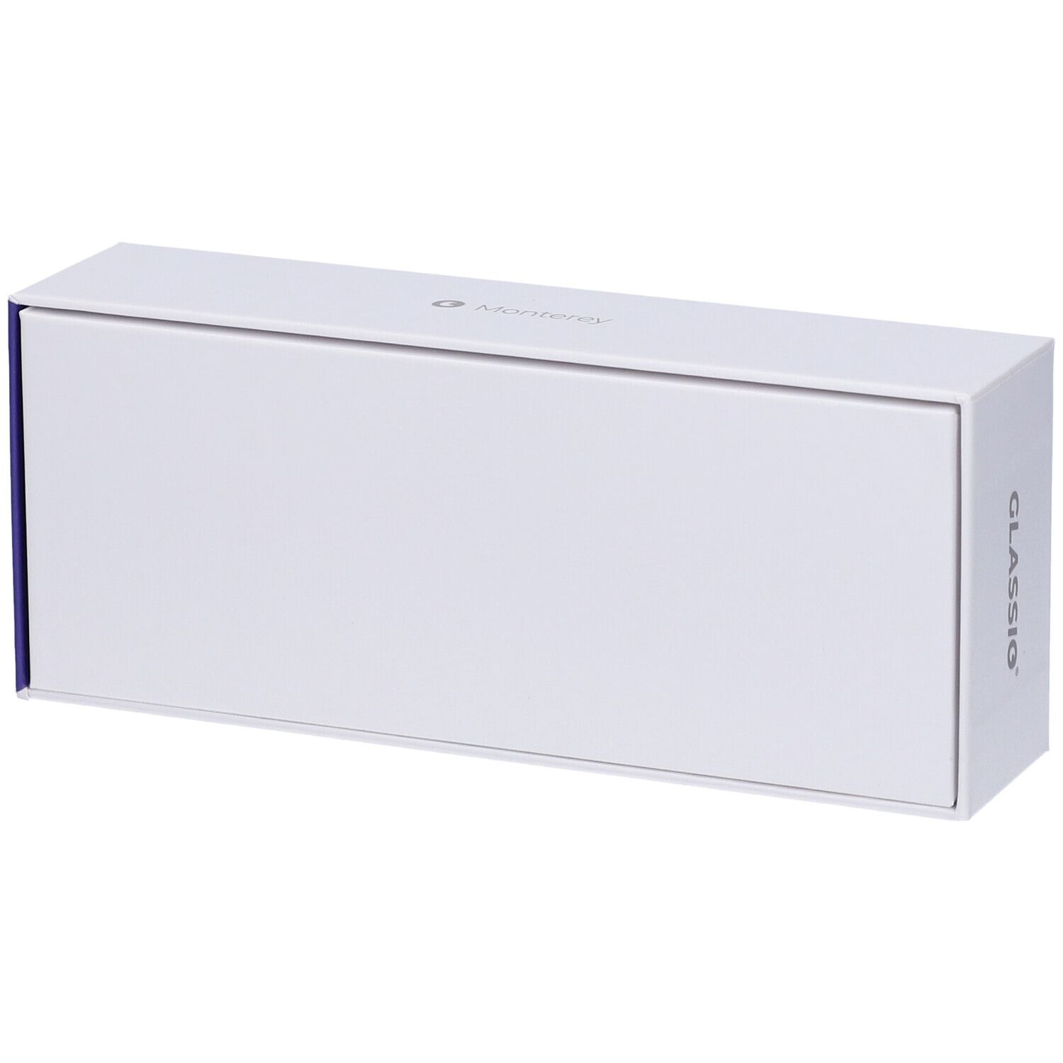 Astuccio per occhiali bianco con scritta GLASSIO. Coperchio chiuso.