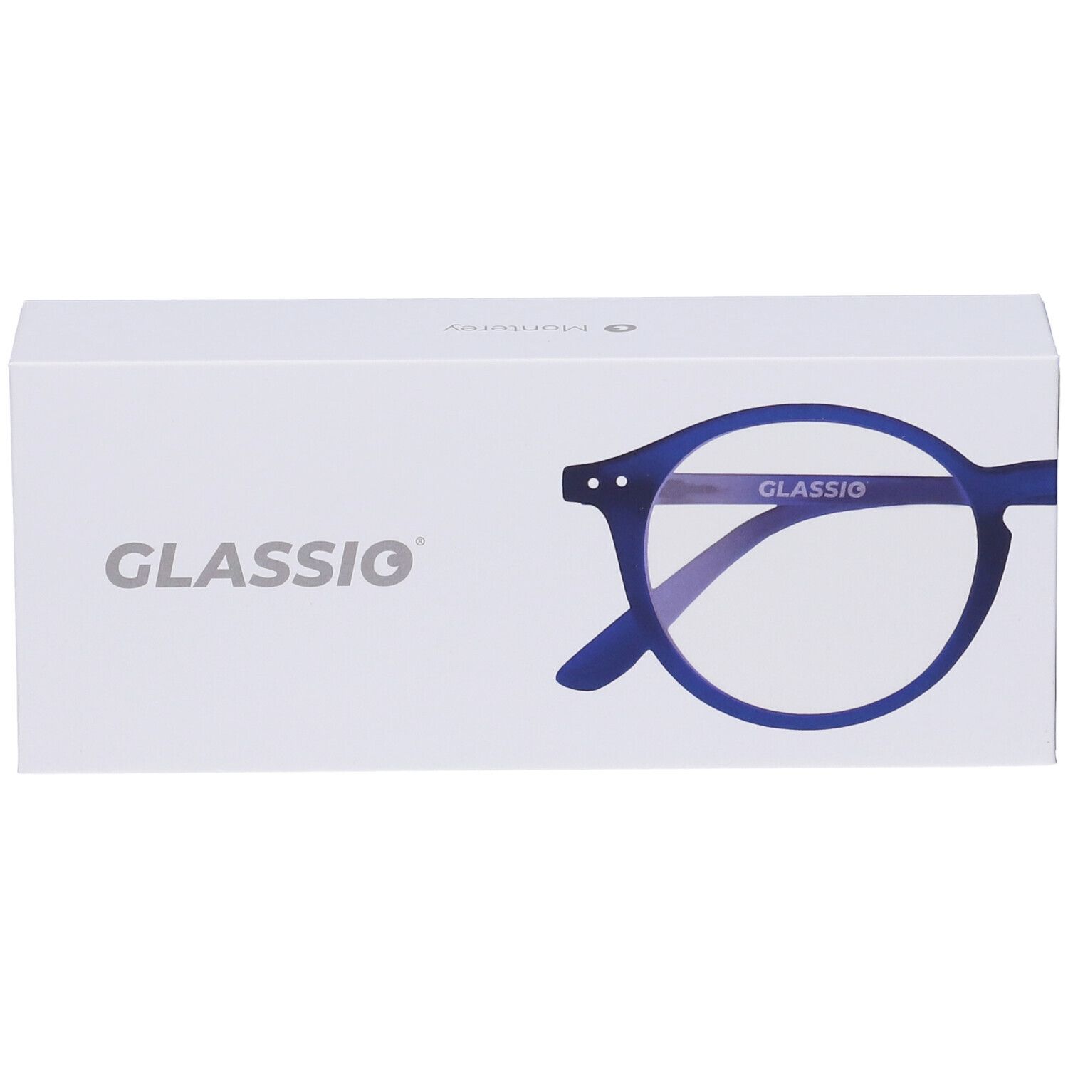 Astuccio per occhiali con illustrazione. Scritta GLASSIO. Occhiali blu raffigurati.