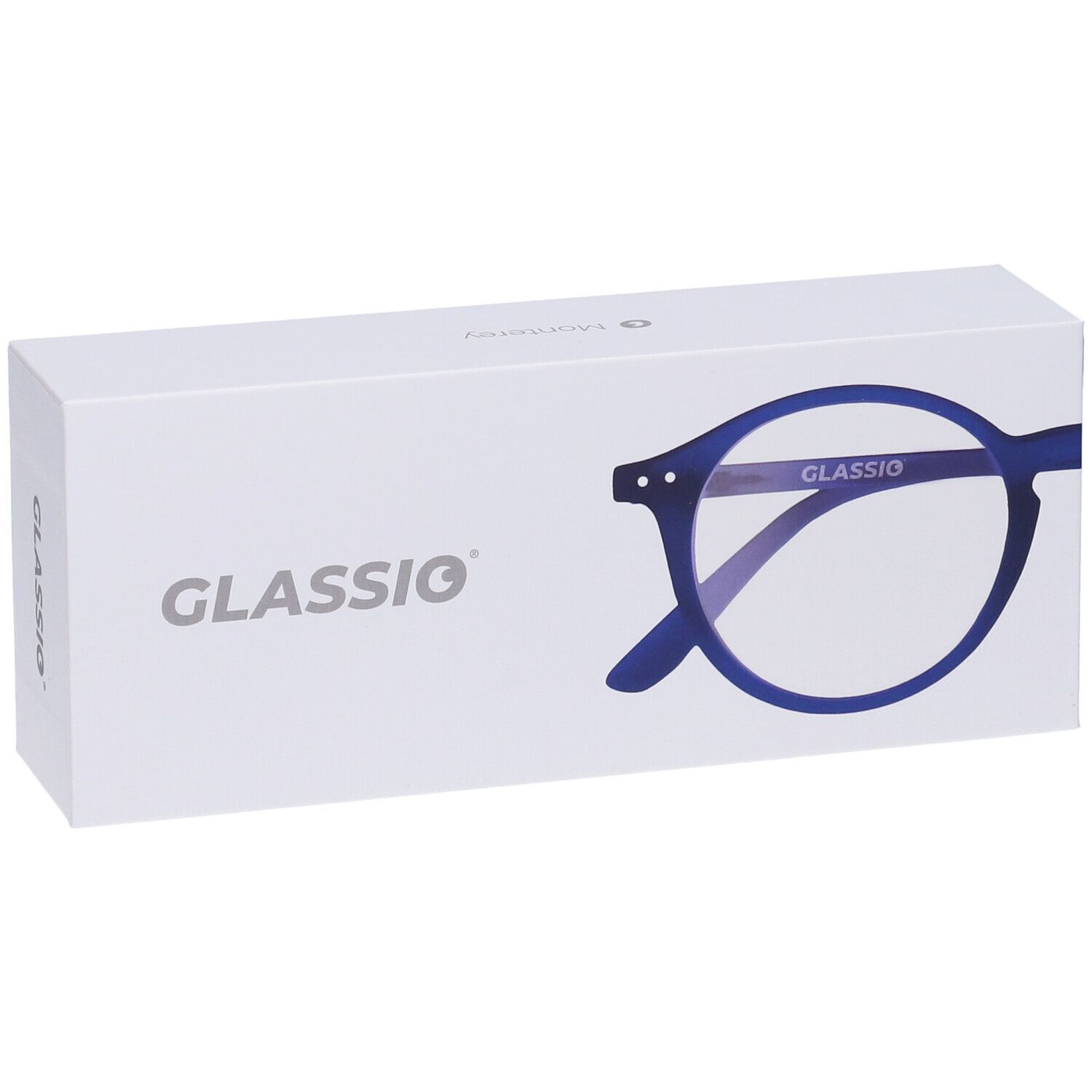 Astuccio per occhiali con illustrazione. Scritta GLASSIO. Occhiali blu raffigurati.