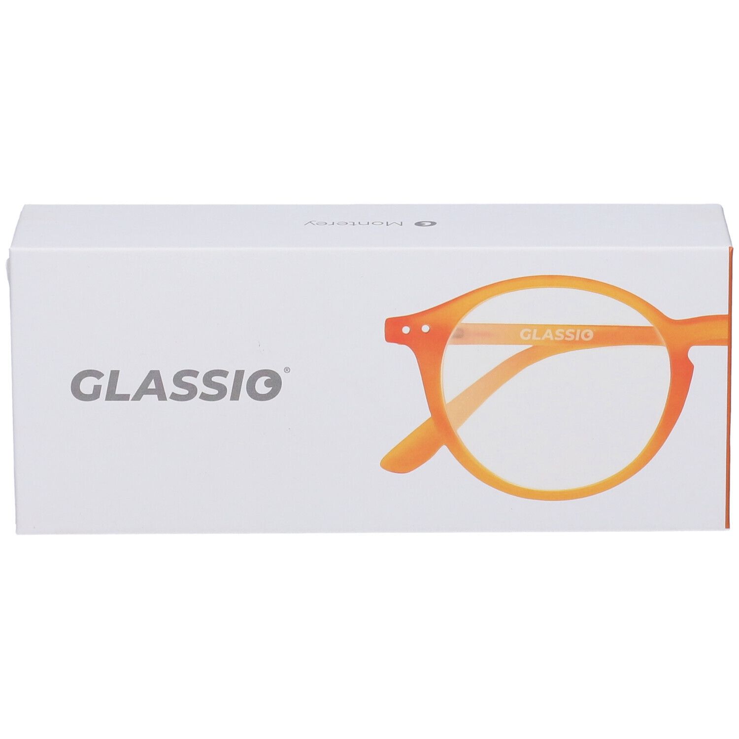 Confezione bianca con immagine di occhiali arancioni. Scritta GLASSio. Occhiali arancioni.
