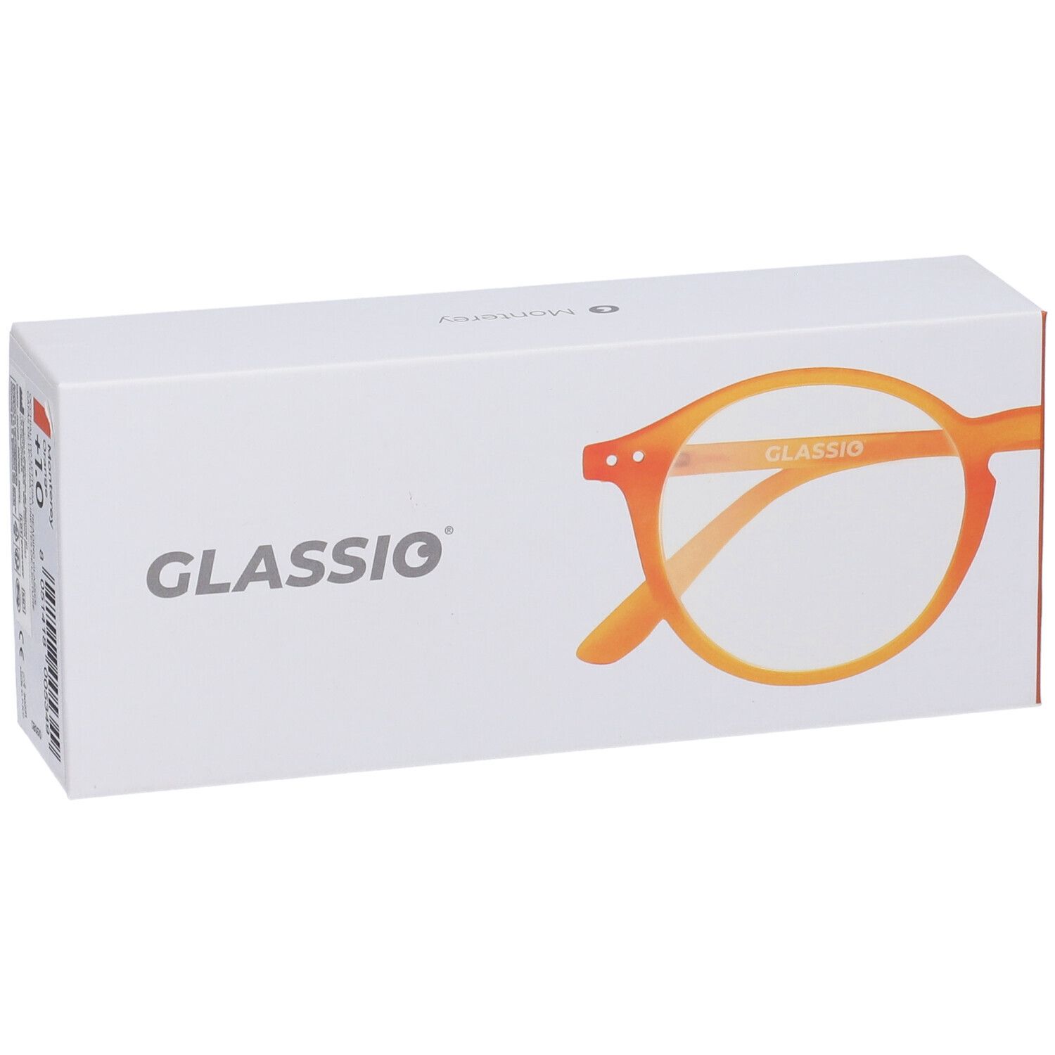 Confezione bianca con immagine di occhiali arancioni. Scritta GLASSio. Occhiali arancioni.