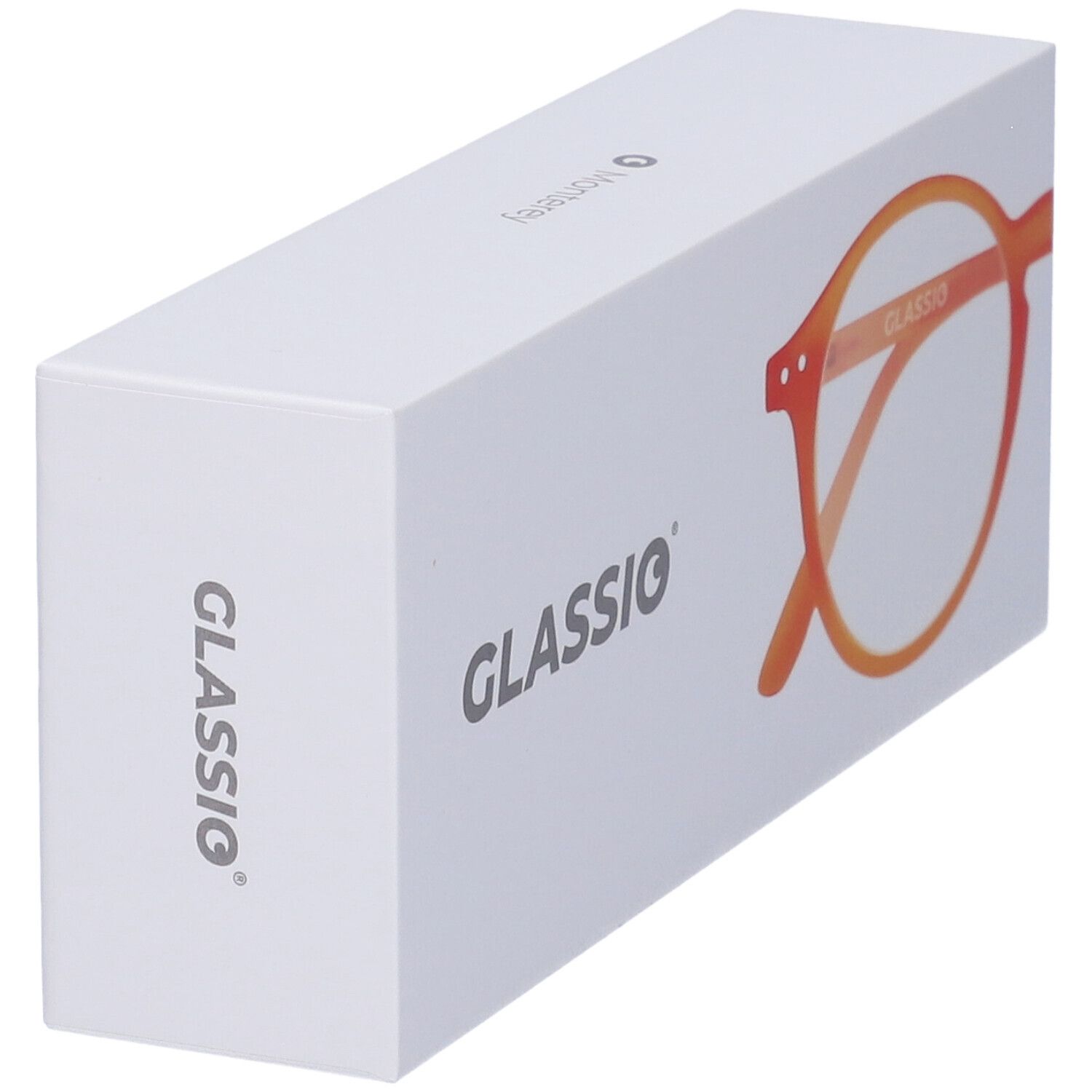 Astuccio bianco GLASSiO con occhiali arancioni. Vista obliqua. Logo GLASSiO.