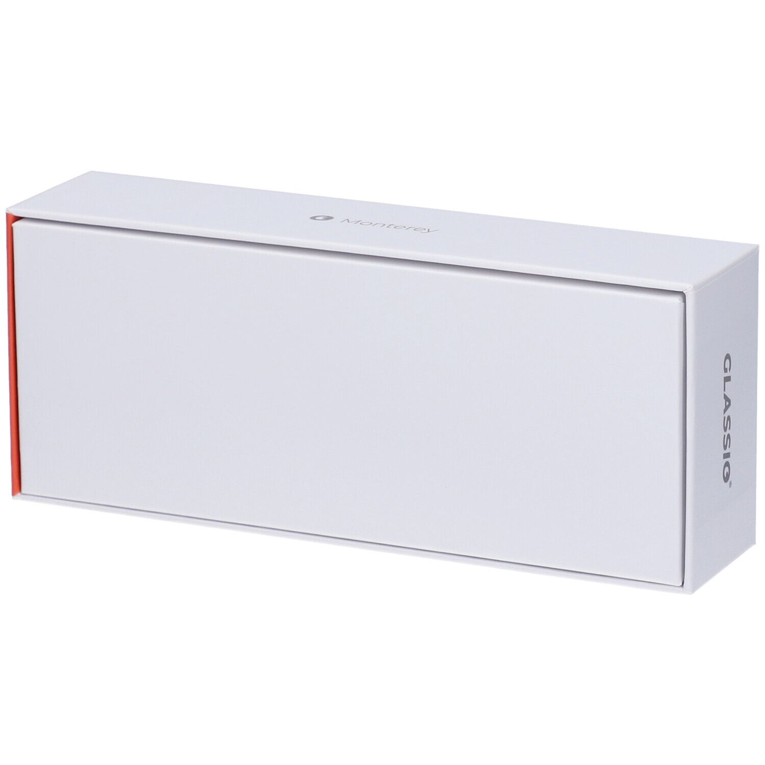 Astuccio bianco con lato rosso. Scritta GLASSiO sul lato.
