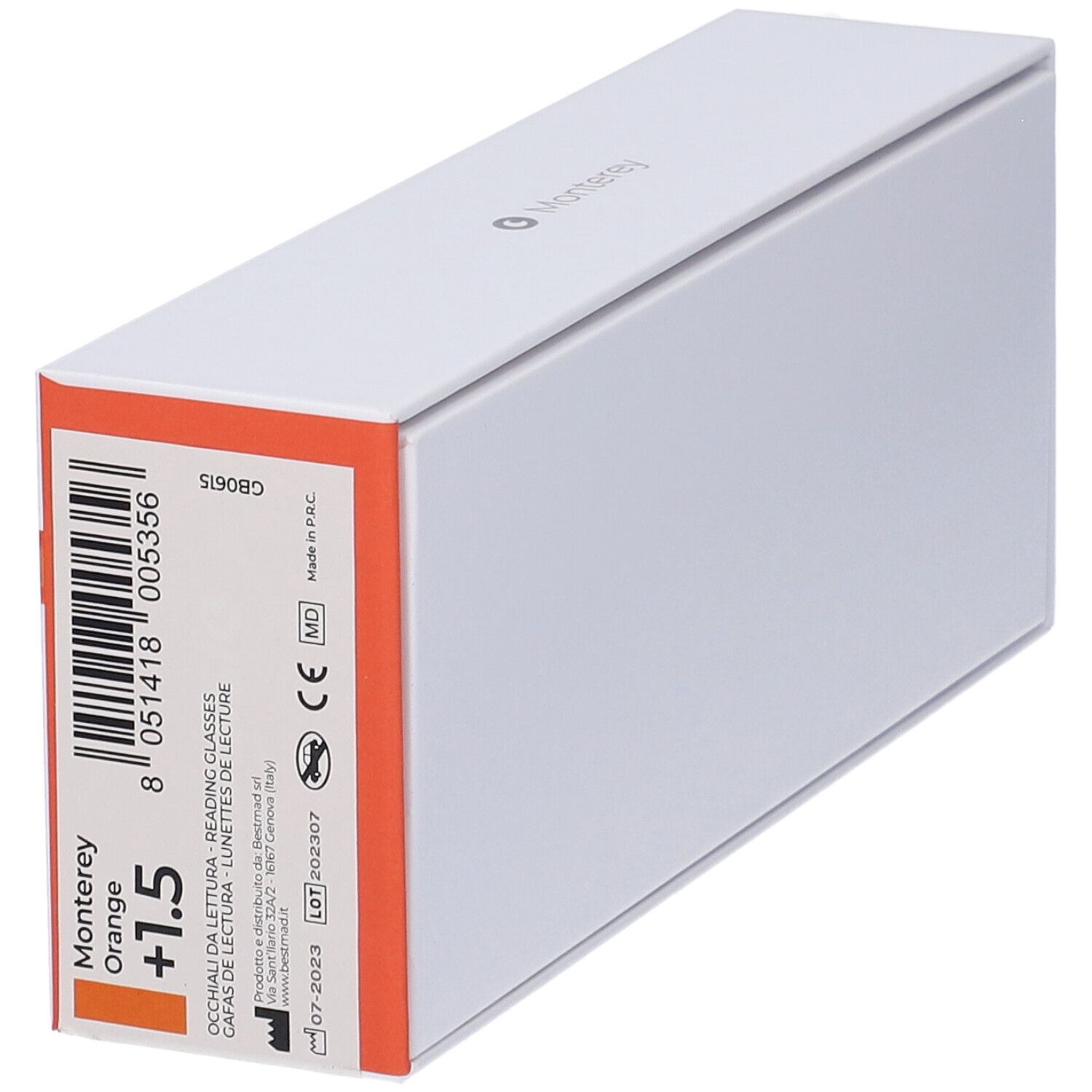 Astuccio con informazioni prodotto. Striscia arancione con testo. GLASSiO, Monterey, +1,5.