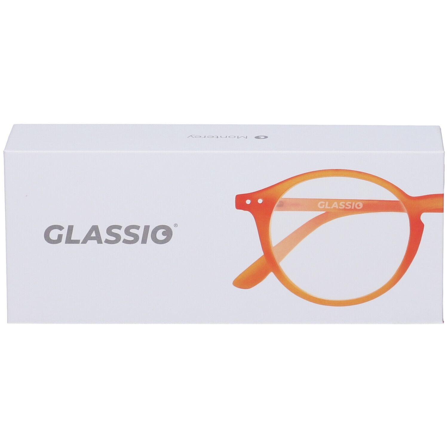Astuccio GLASSiO con occhiali arancioni +1,5. Montatura rotonda, aste sottili. Logo GLASSiO.