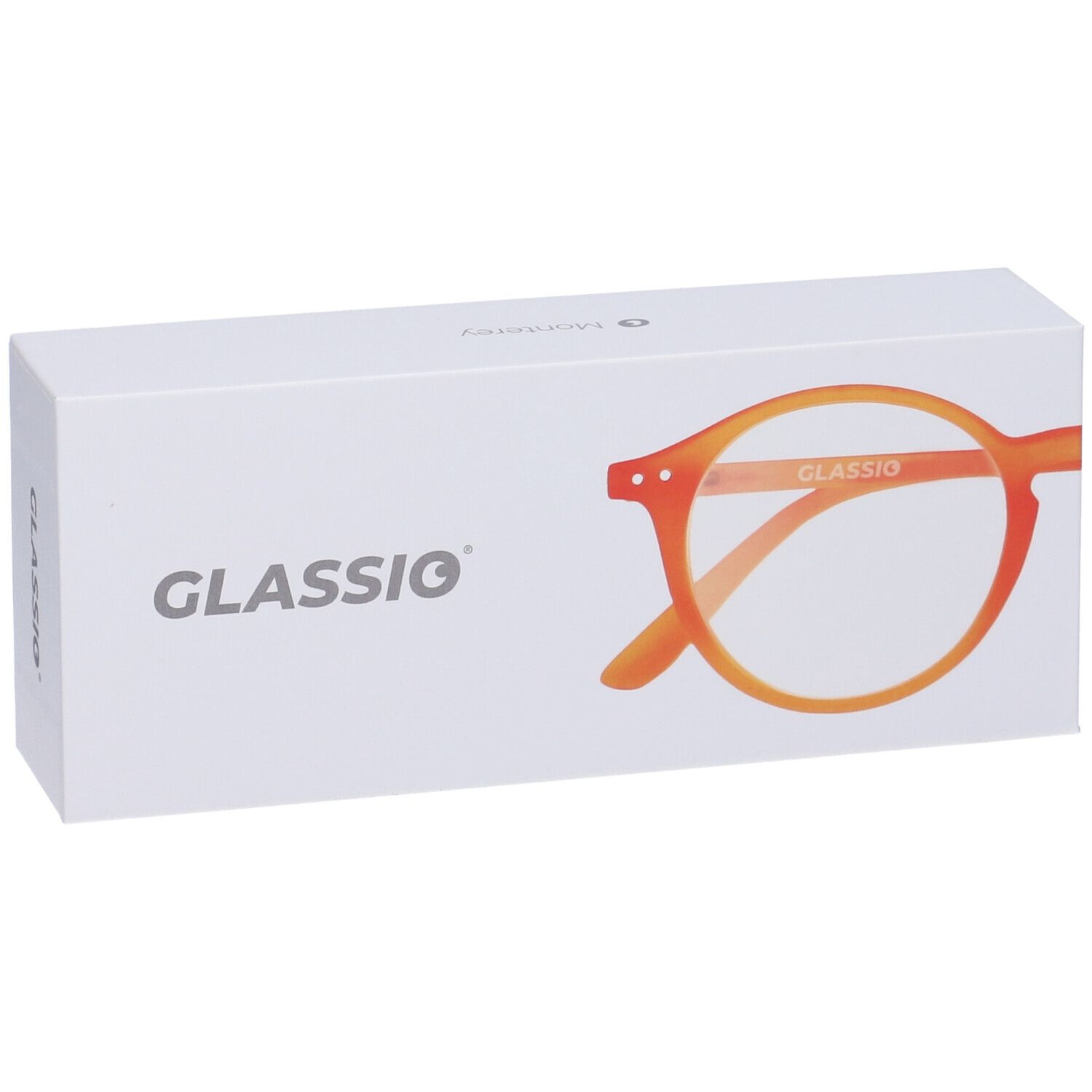 Astuccio GLASSiO con occhiali arancioni +1,5. Montatura rotonda, aste sottili. Logo GLASSiO.