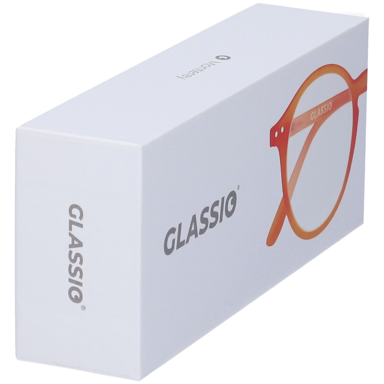 Scatola bianca con immagine di occhiali arancioni. Scritta "GLASSio".