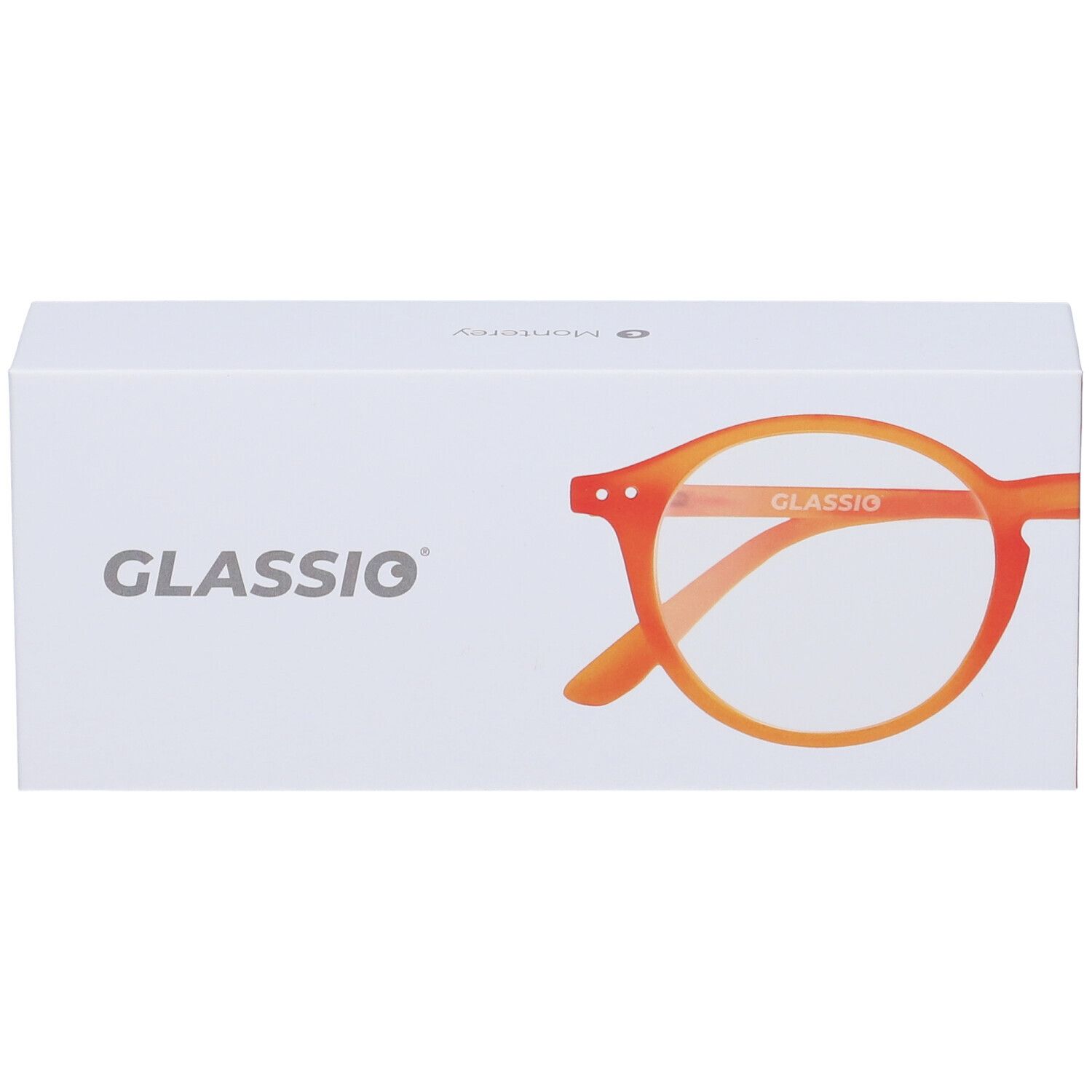 Scatola bianca con immagine di occhiali arancioni. Scritta "GLASSio".