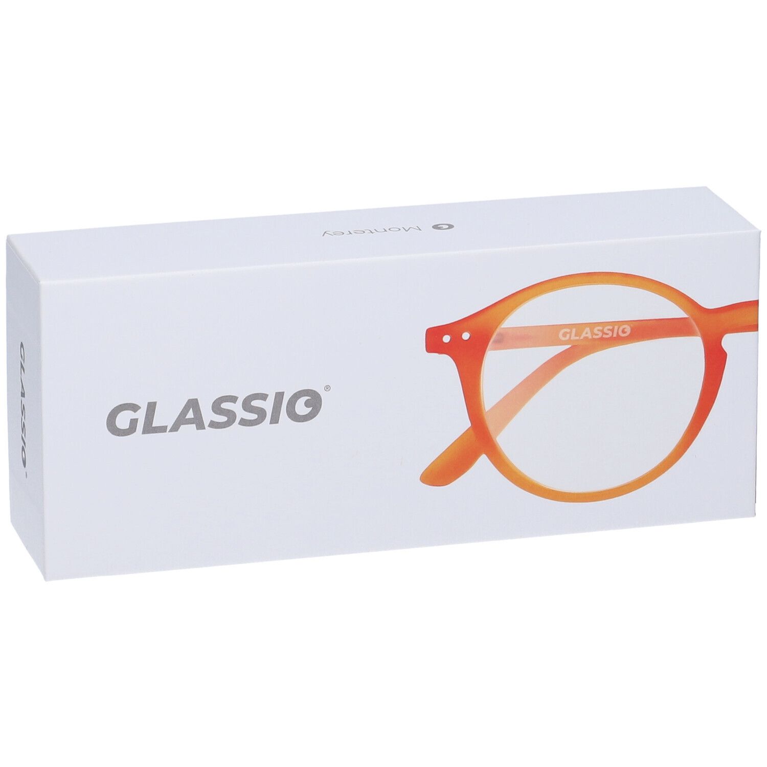 Scatola bianca con immagine di occhiali arancioni. Scritta "GLASSio".