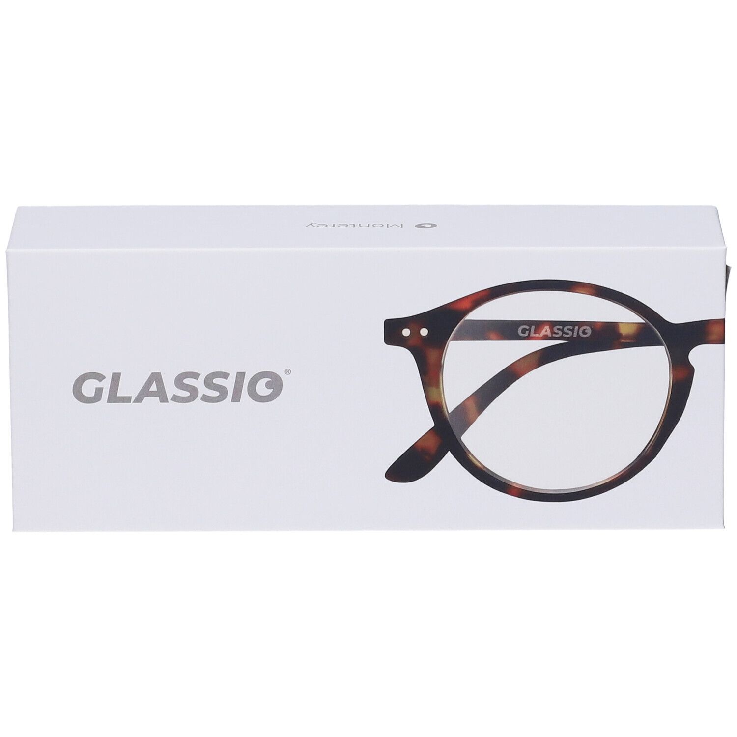 Scatola bianca con immagine di occhiali. Scritta GLASSiO e +1.0. Occhiali con montatura marrone.
