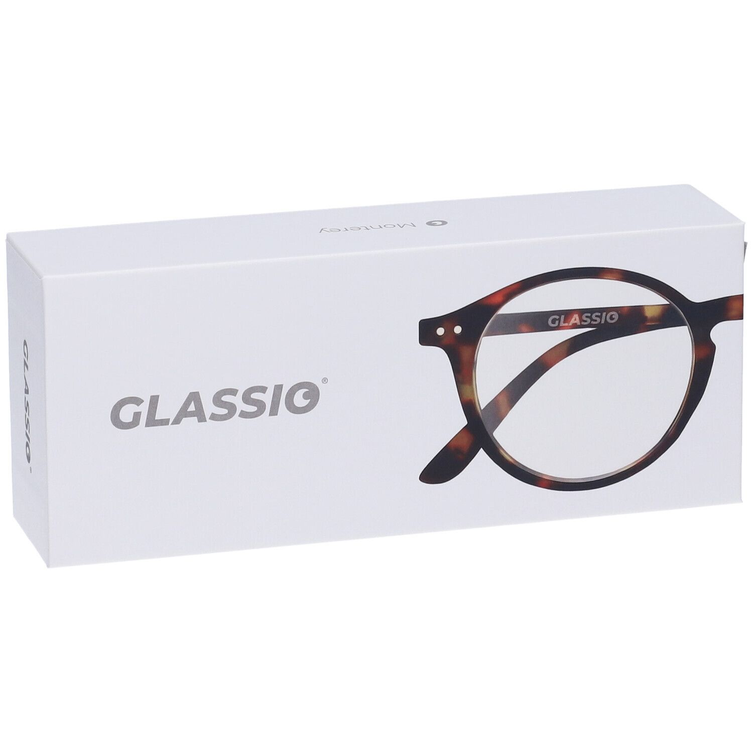 Scatola bianca con immagine di occhiali. Scritta GLASSiO e +1.0. Occhiali con montatura marrone.