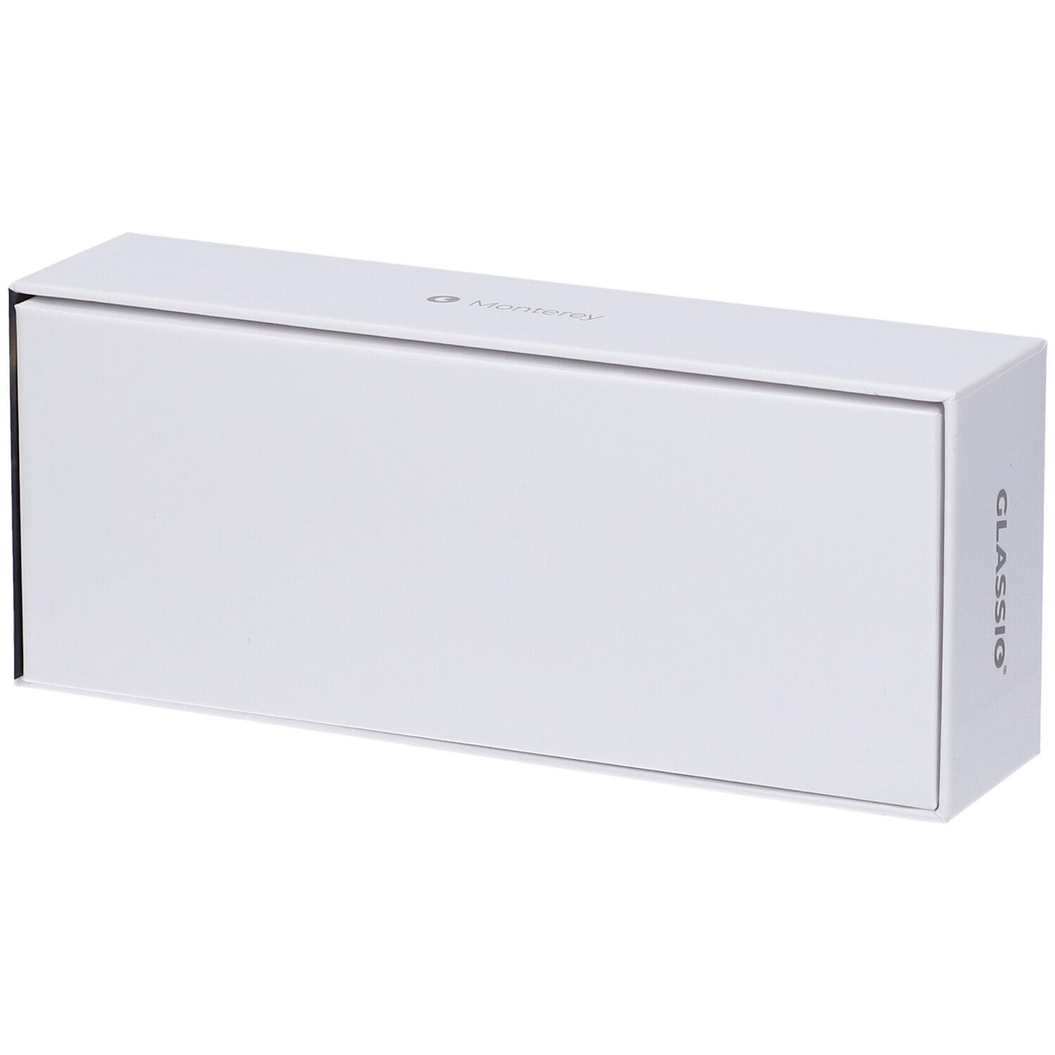 Astuccio occhiali bianco, chiuso. Scritta GLASSio. In alto: Monterey. Senza illustrazione occhiali.