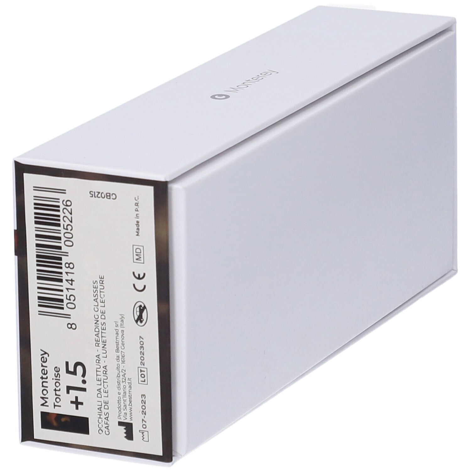 Astuccio occhiali, vista dettagliata. Scritta: Monterey +1.5. Codice a barre, marchio CE. Occhiali marrone tartarugato.