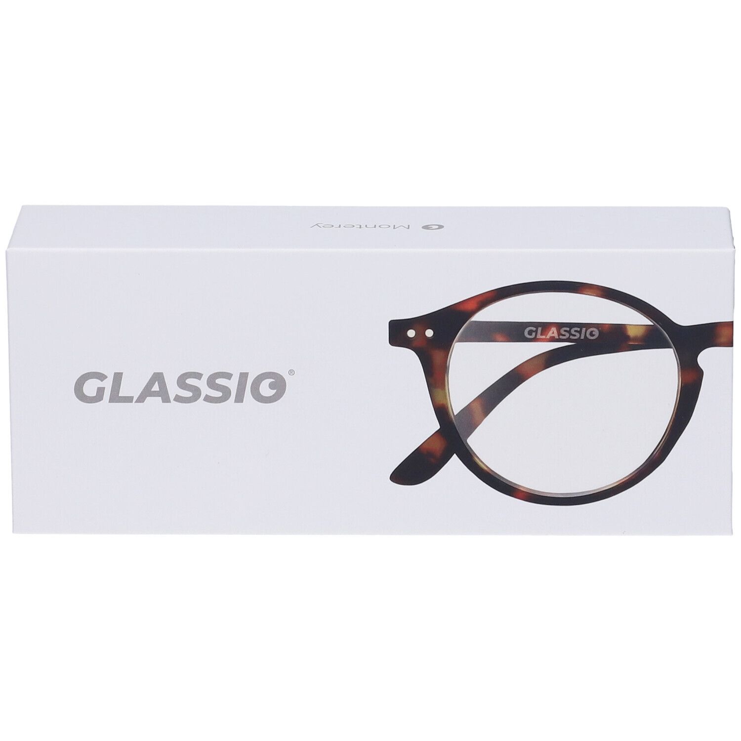 Astuccio occhiali con illustrazione. Scritta GLASSio. Occhiali marrone tartarugato, lenti rotonde.