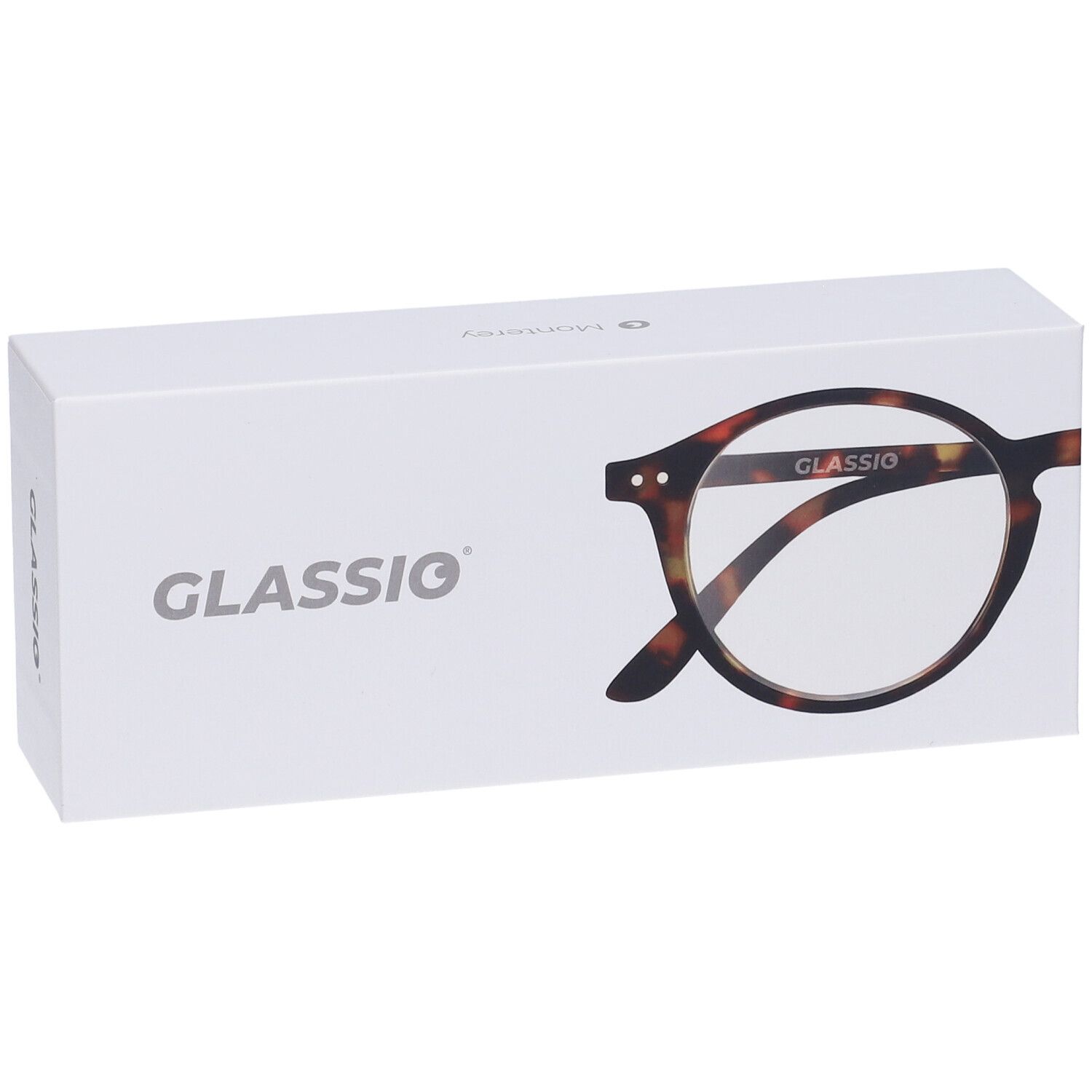 Astuccio occhiali con illustrazione. Scritta GLASSio. Occhiali marrone tartarugato, lenti rotonde.