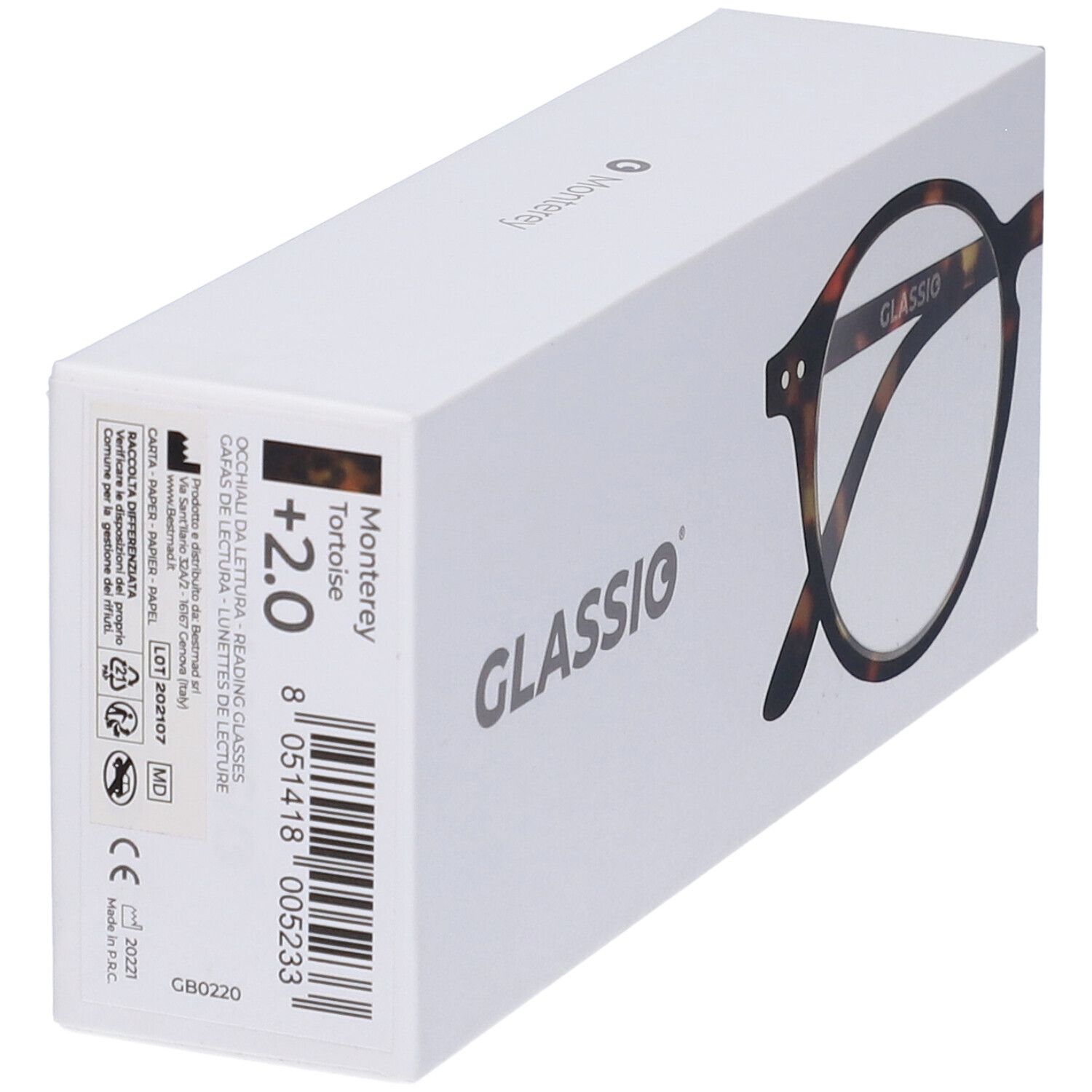 Confezione bianca con occhiali tartarugati. Scritta GLASSIO, Monterey, +2.0. Codice a barre e altre informazioni.