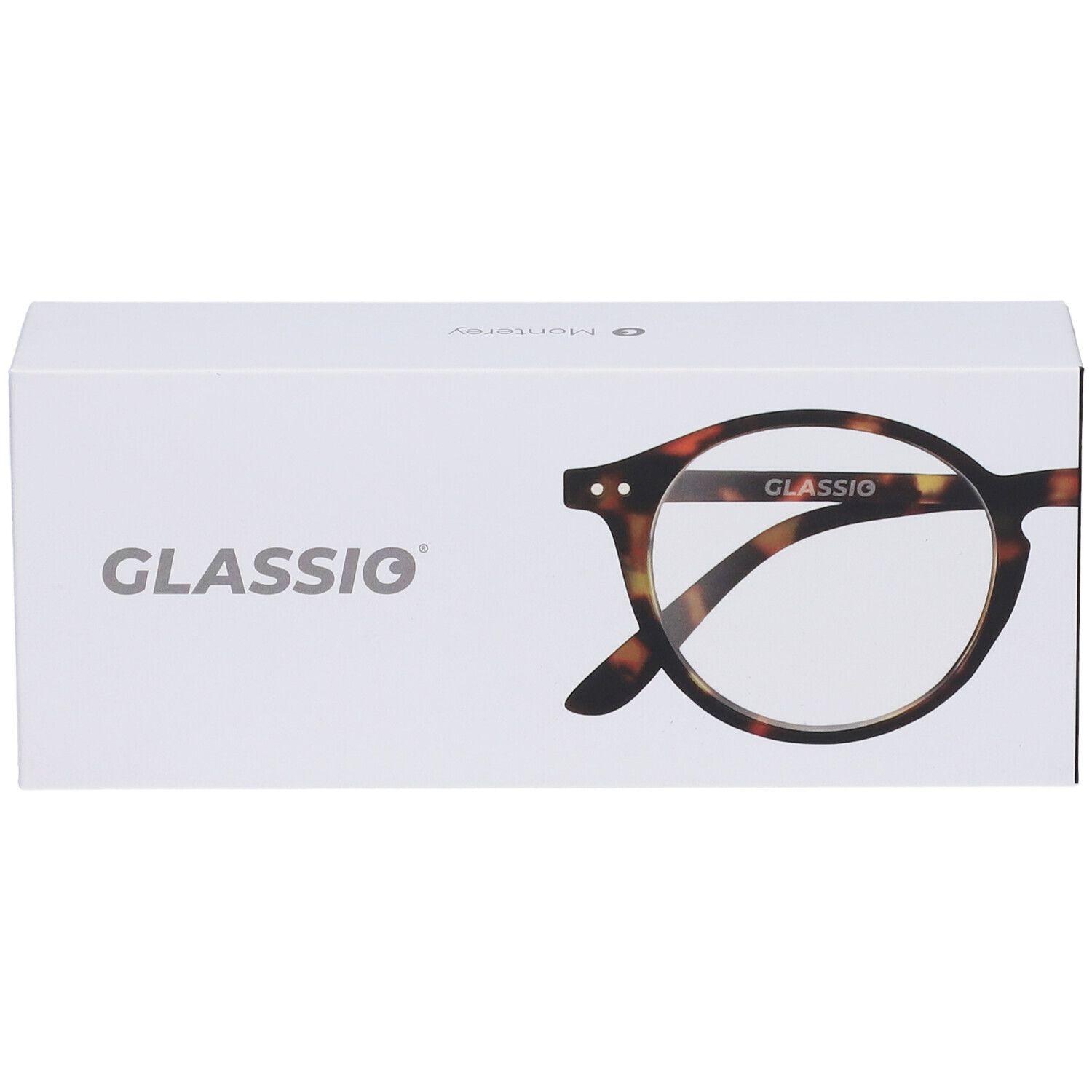 Confezione bianca con occhiali tartarugati. Scritta GLASSIO. Forma degli occhiali raffigurata.