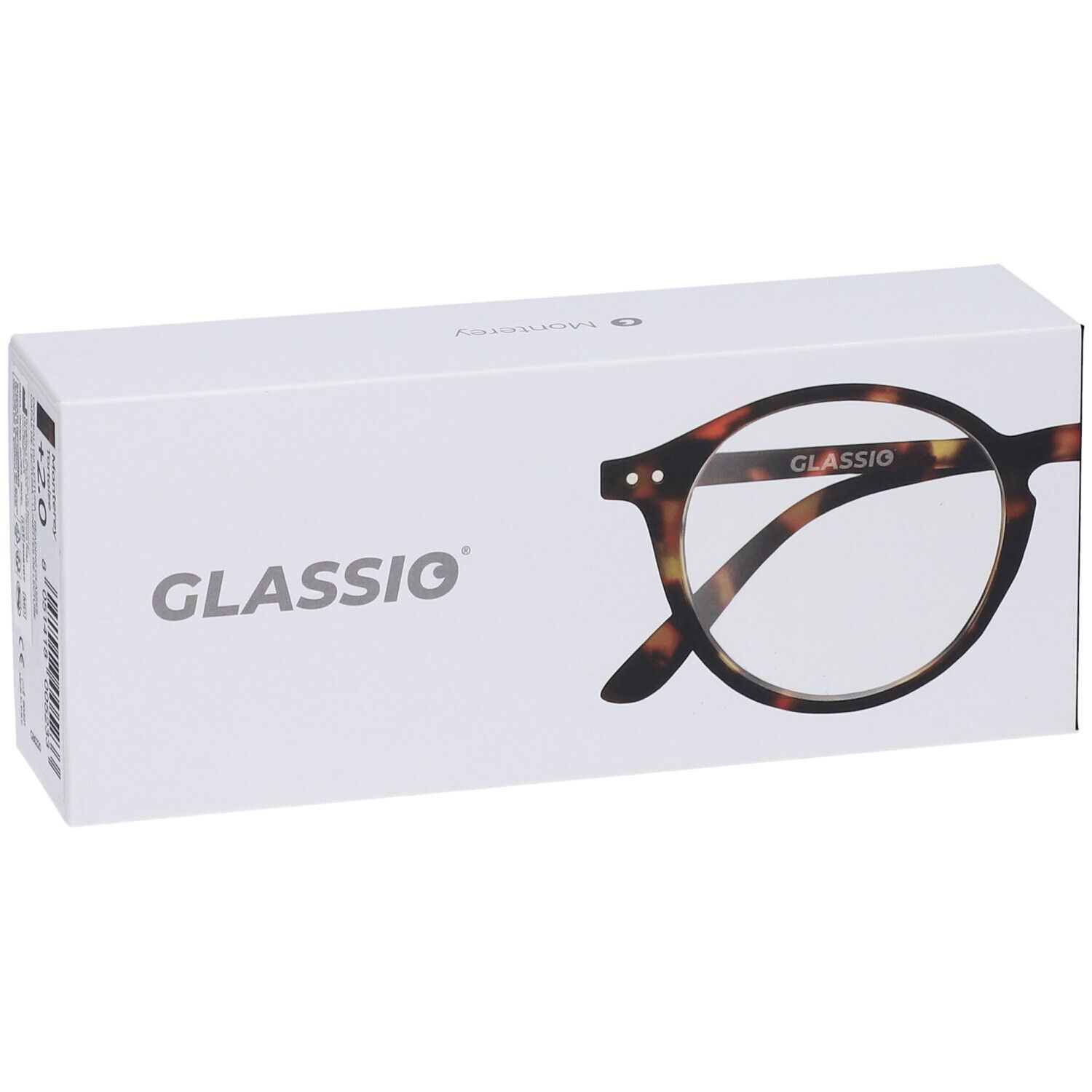 Confezione bianca con occhiali tartarugati. Scritta GLASSIO. Forma degli occhiali raffigurata.