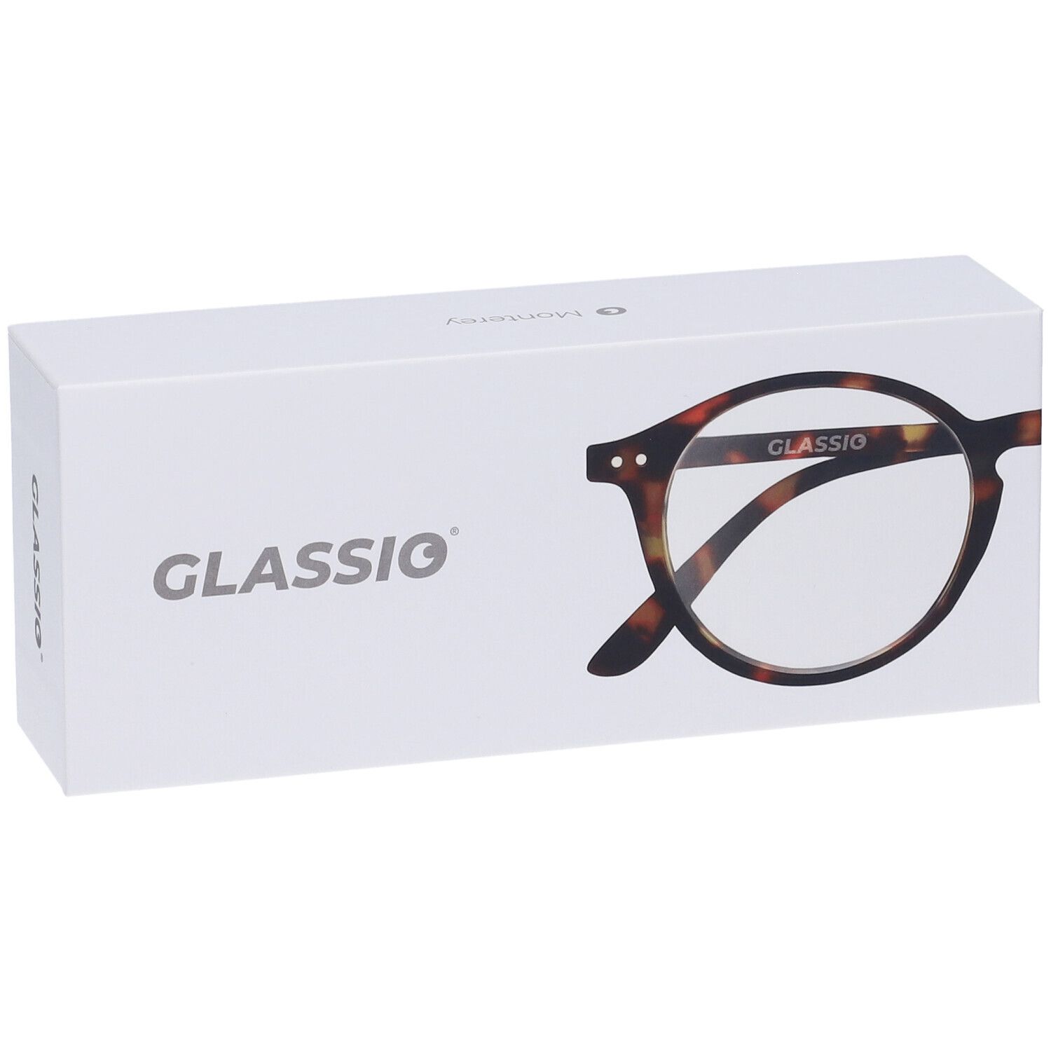 Scatola bianca con scritta GLASSio e illustrazione di occhiali. Occhiali stampati con montatura marrone.