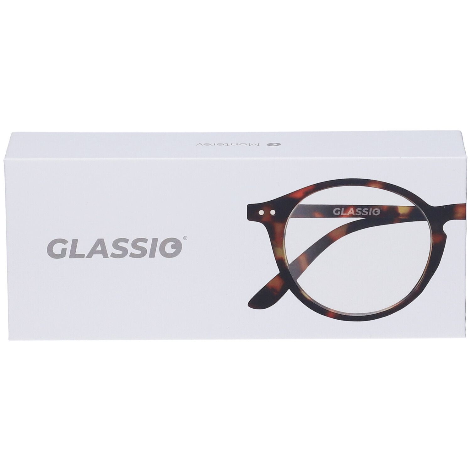 Confezione bianca con illustrazione di occhiali e scritta GLASSio. Occhiali con motivo marrone.