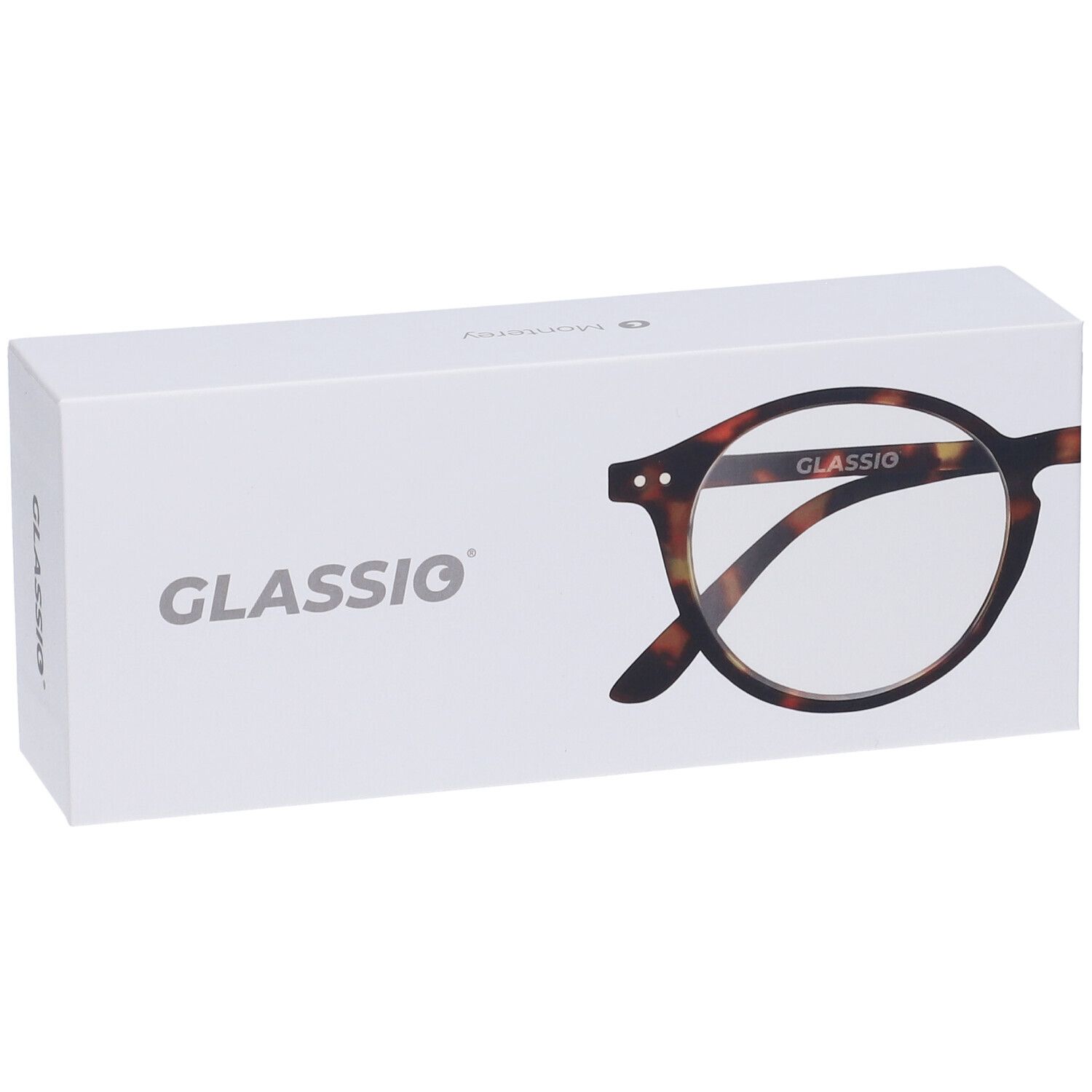 Confezione bianca con illustrazione di occhiali e scritta GLASSio. Occhiali con motivo marrone.