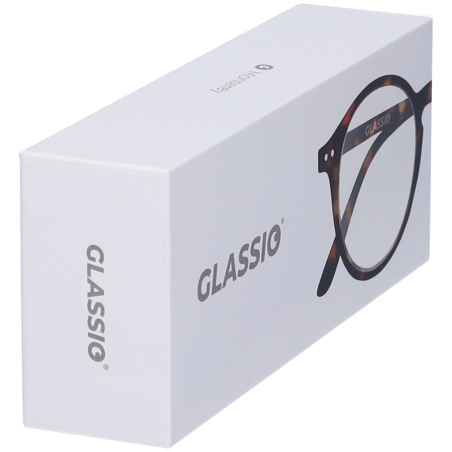 Confezione bianca con scritta GLASSIO e illustrazione di occhiali. Occhiali con montatura marrone.