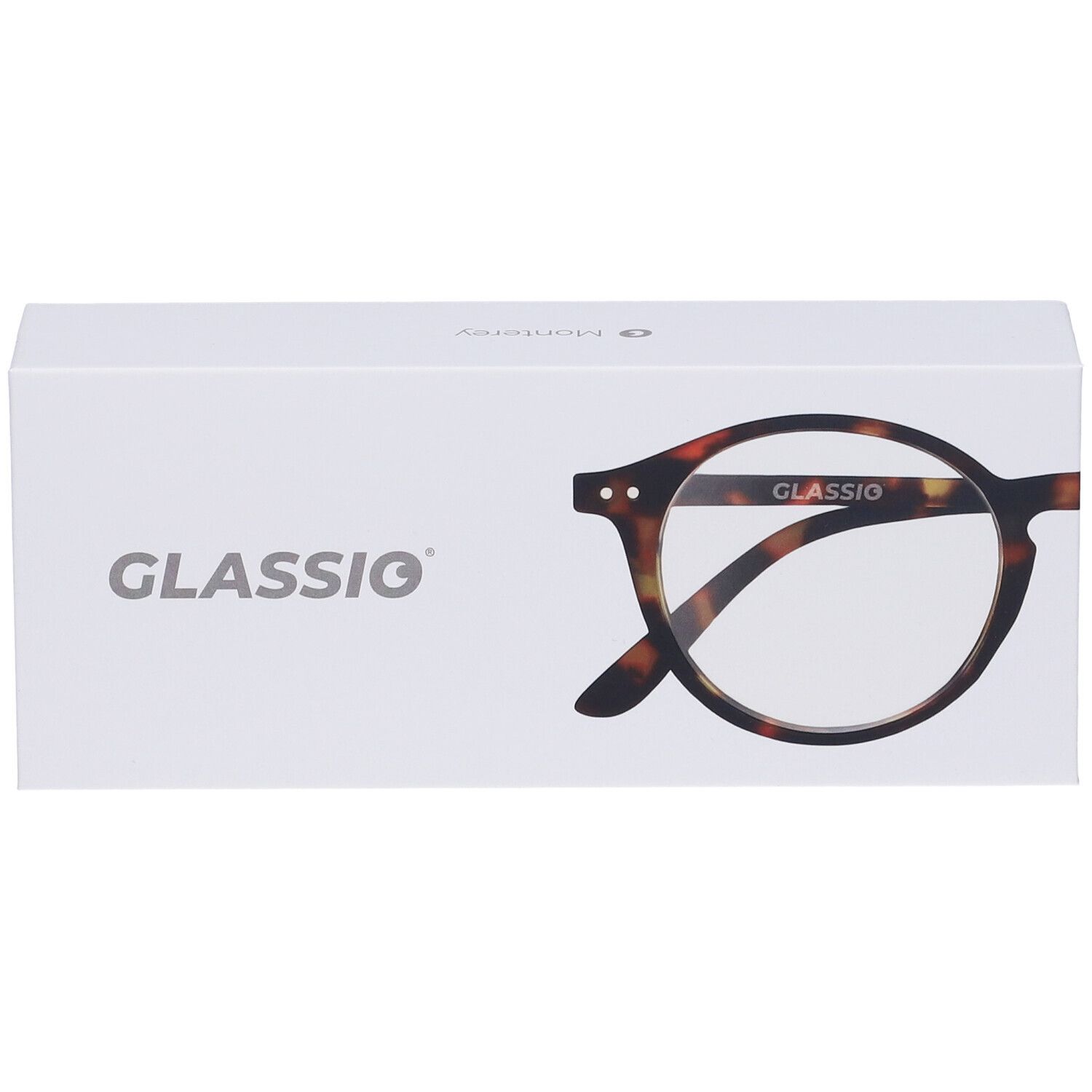 Confezione bianca con scritta GLASSIO e illustrazione di occhiali. Occhiali con montatura marrone.