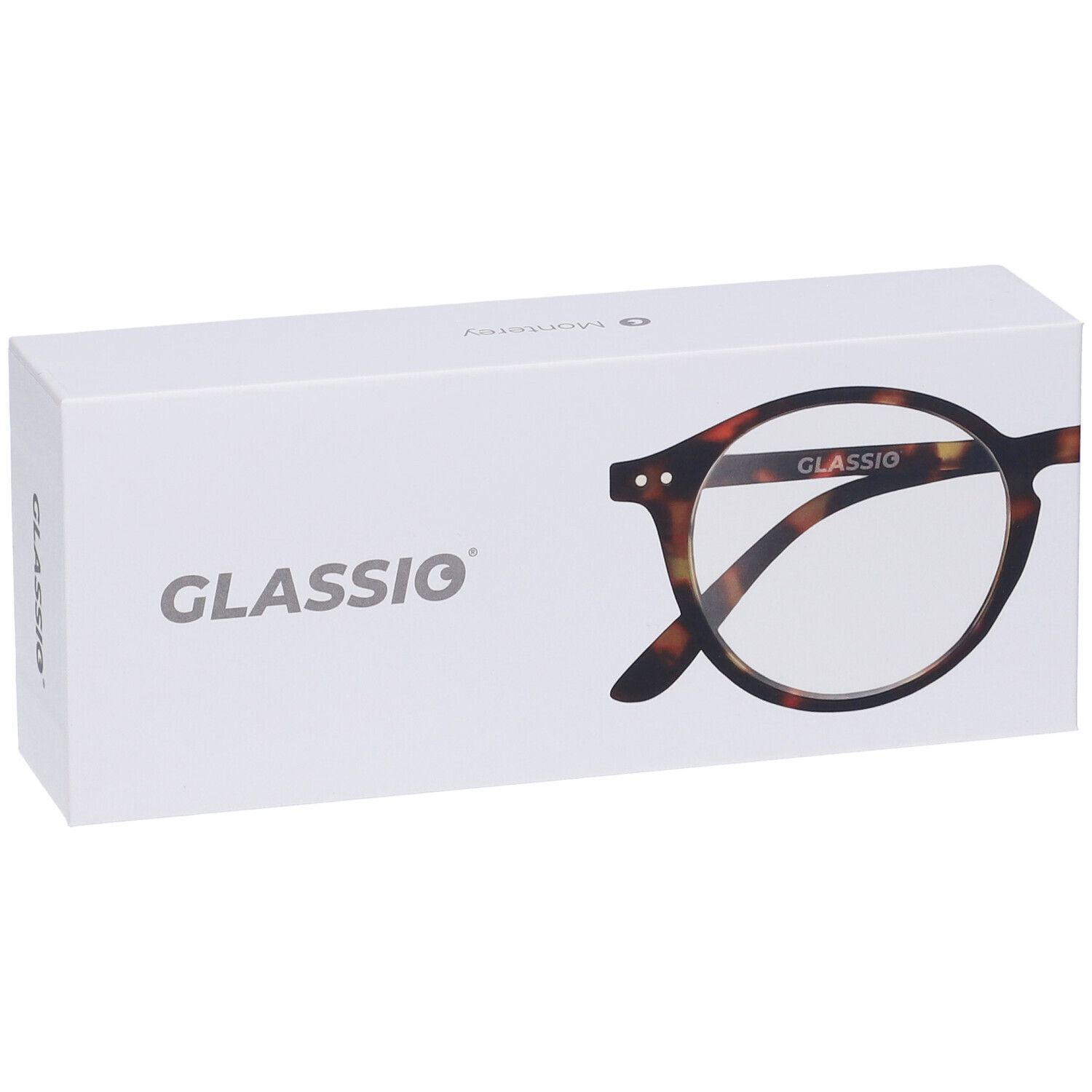 Confezione bianca con scritta GLASSIO e illustrazione di occhiali. Occhiali con montatura marrone.