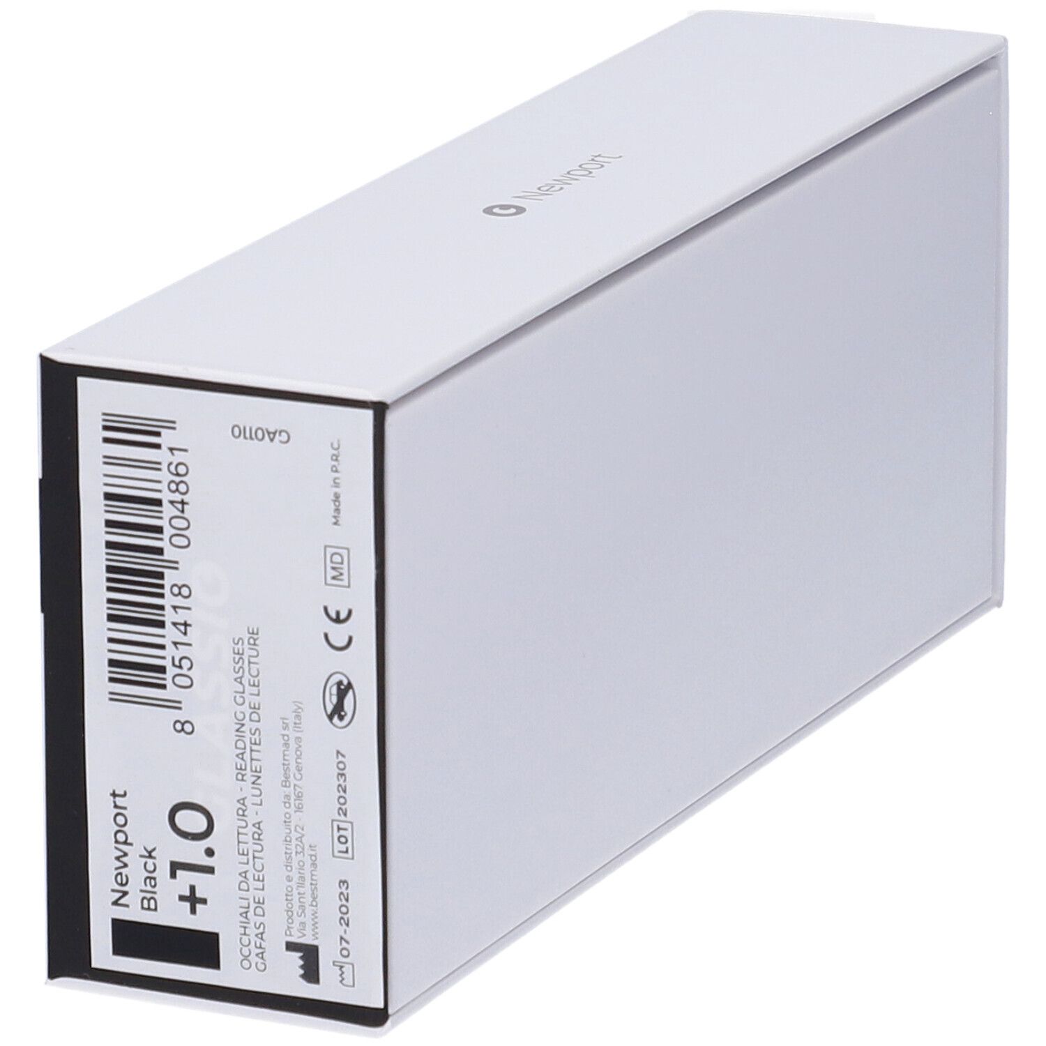 Confezione bianca con informazioni sul prodotto, tra cui Newport Black +1.0 e GLASSiO.