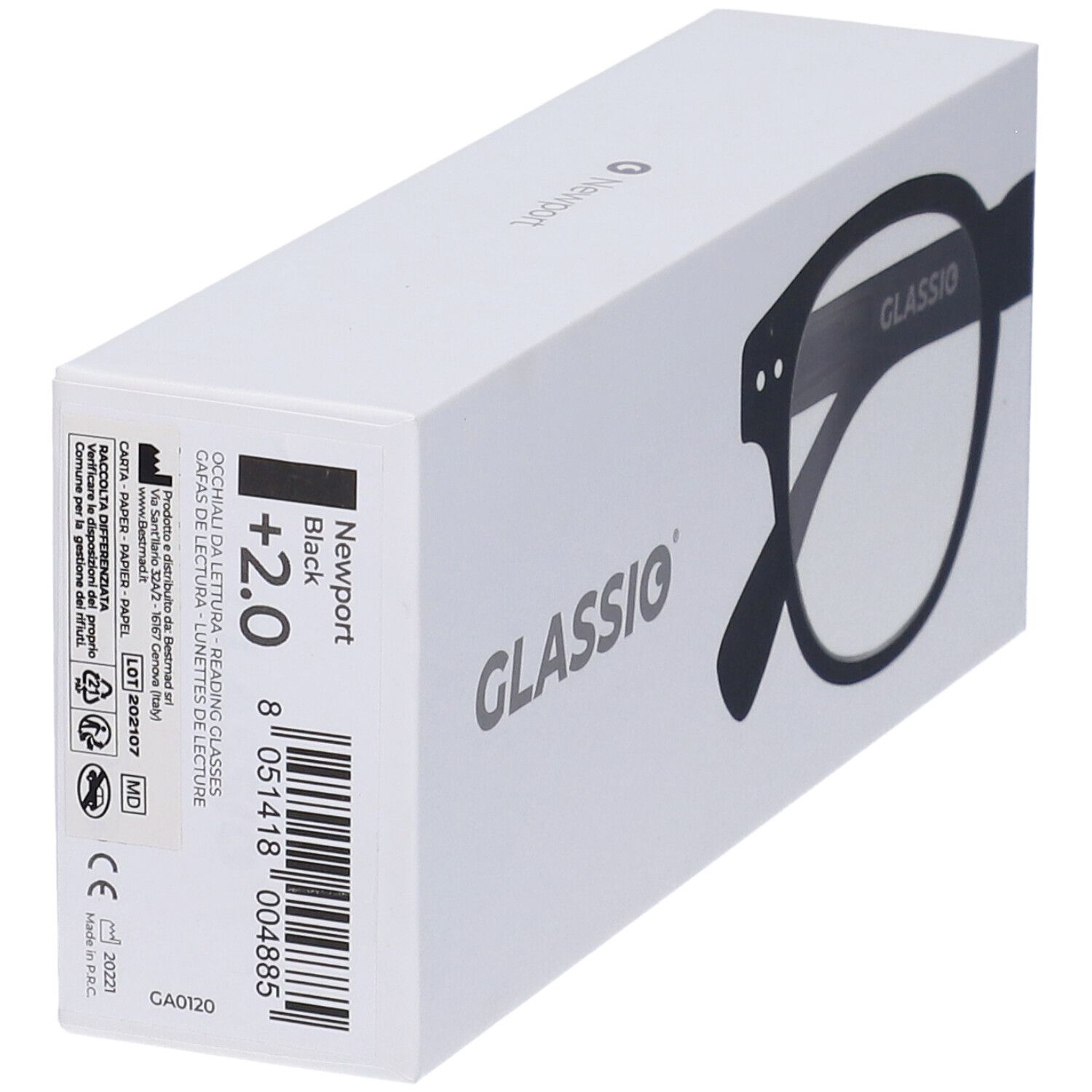 Confezione bianca con informazioni prodotto: Occhiali da Lettura +2.0, Newport Black, Glassio. Codice a barre e marchio CE.