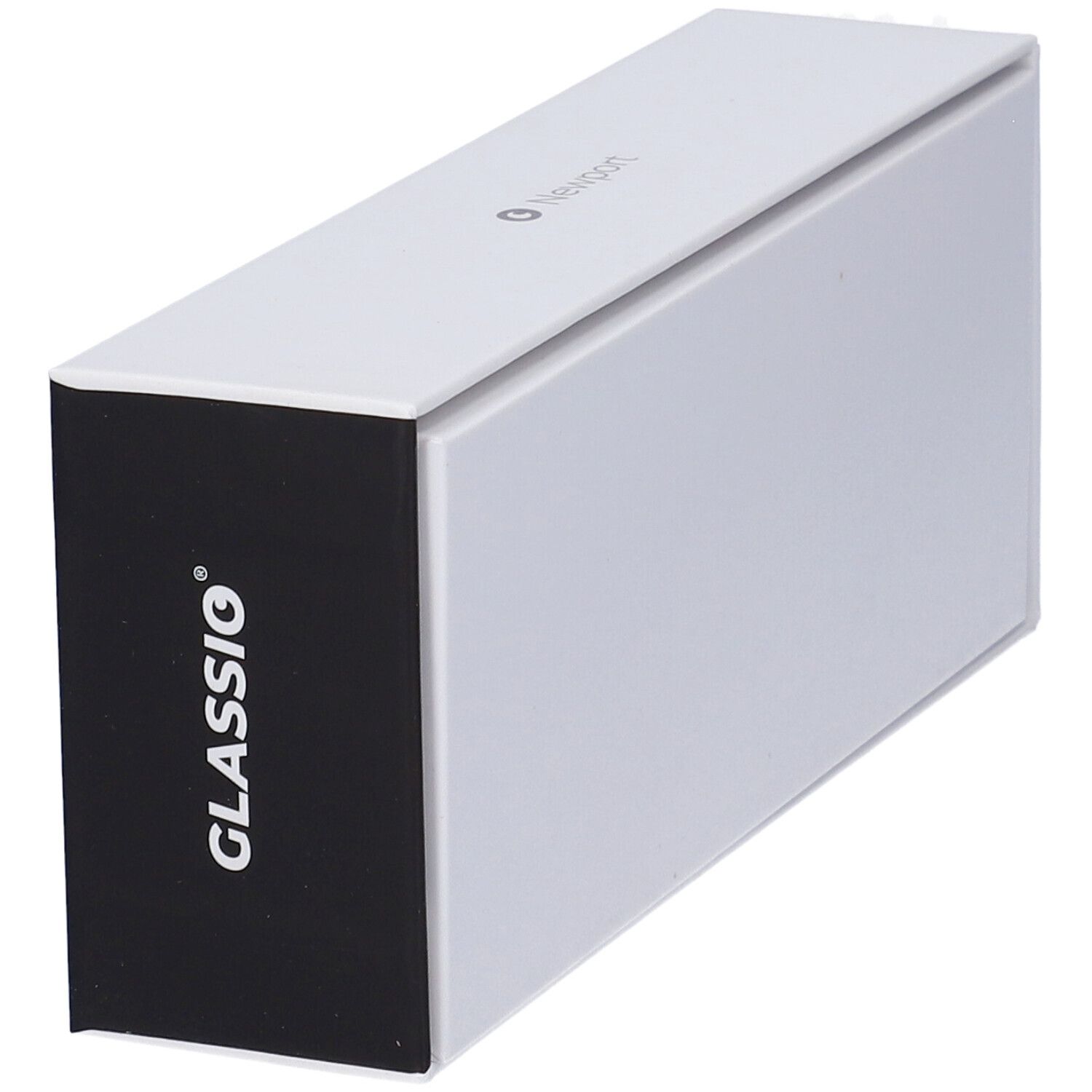 Confezione bianca con logo Glassio nero sul lato. Parte superiore con scritta Newport.