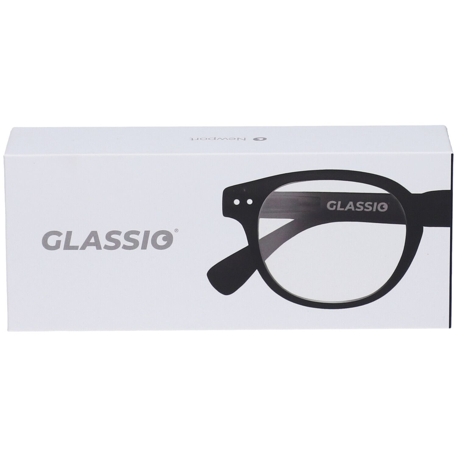 Confezione bianca con illustrazione di occhiali neri e logo Glassio. Occhiali con montatura nera.